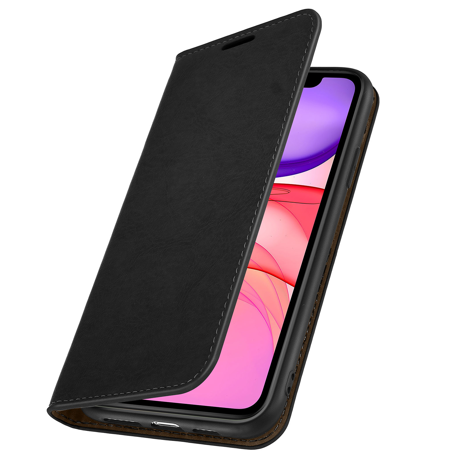 Un étui de téléphone noir est ouvert, révélant un téléphone. Le téléphone a un fond rose.