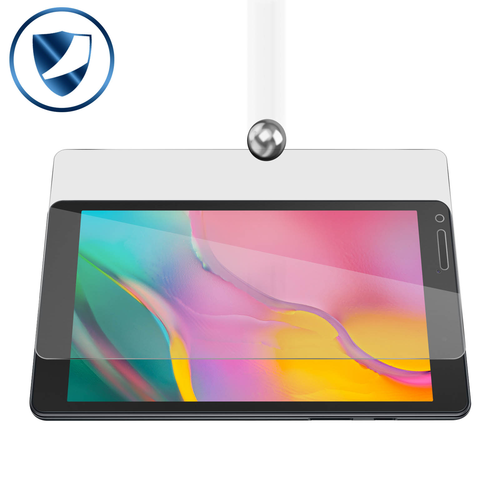Un tablet coperto da una protezione schermo, con palla che cade e icona scudo.