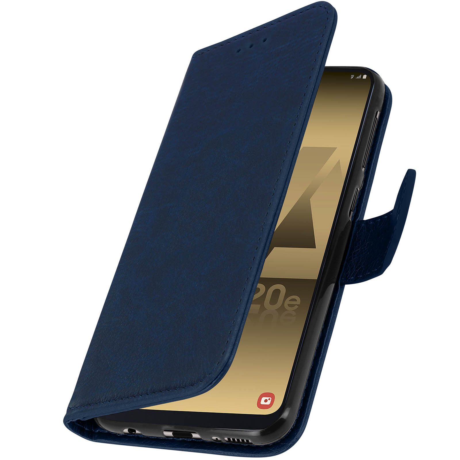 Étui de téléphone bleu ouvert avec un téléphone à l'intérieur.