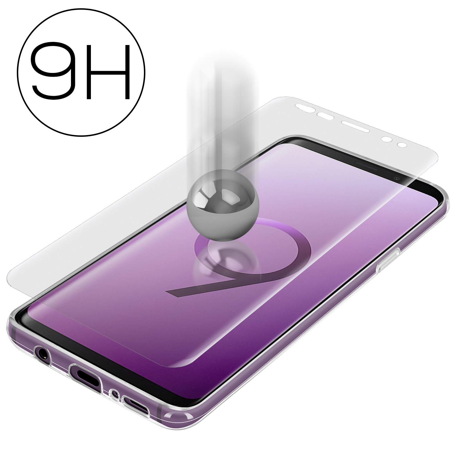 Telefono con un proteggi schermo in applicazione. Un proteggi schermo trasparente è posto sullo schermo del telefono. Una palla di metallo sta cadendo.