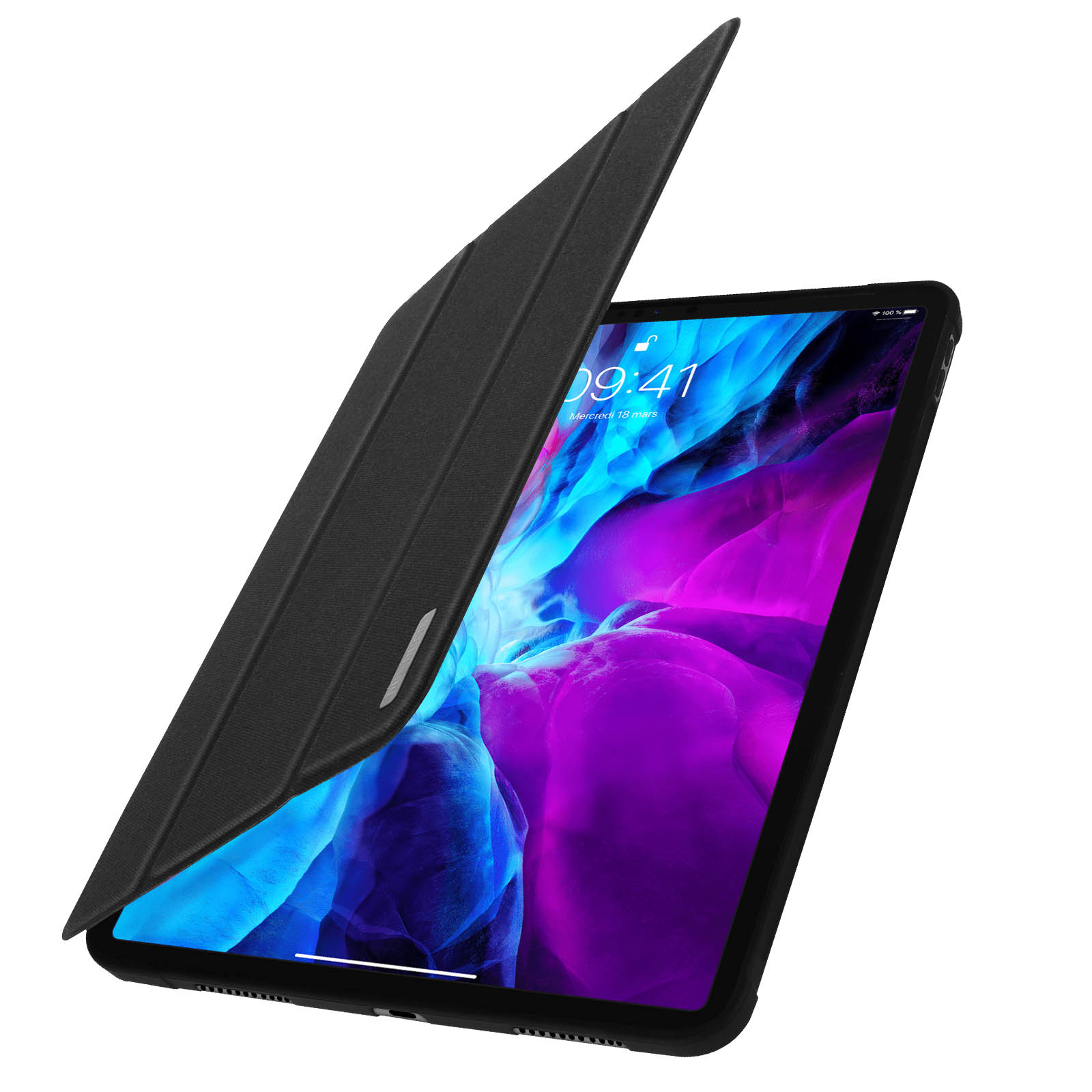 Tablet nero con cover aperta, mostra schermo colorato con scena urbana.