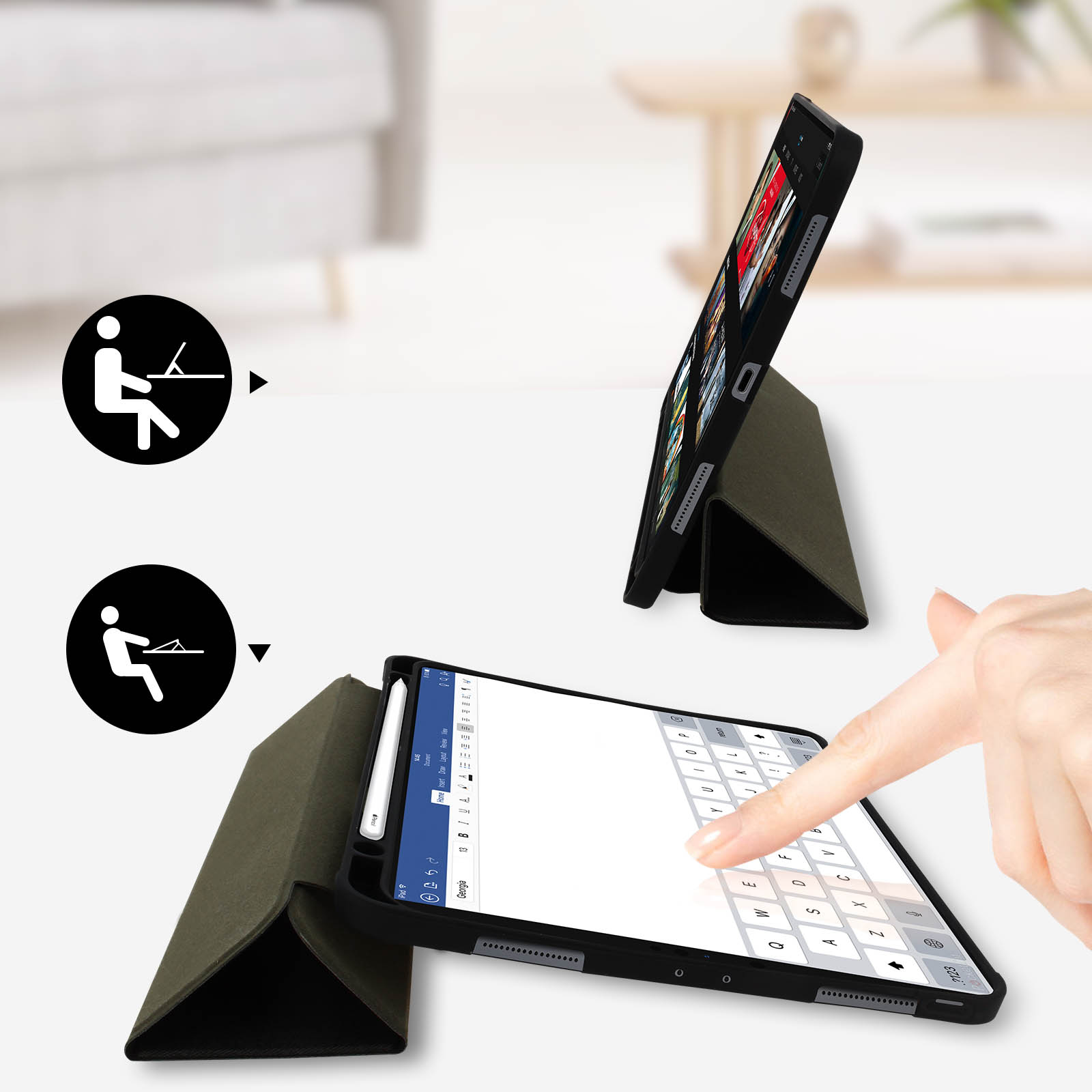 Due tablet in custodie. Uno visualizza una tastiera, l'altro un video. Una mano tocca la tastiera.