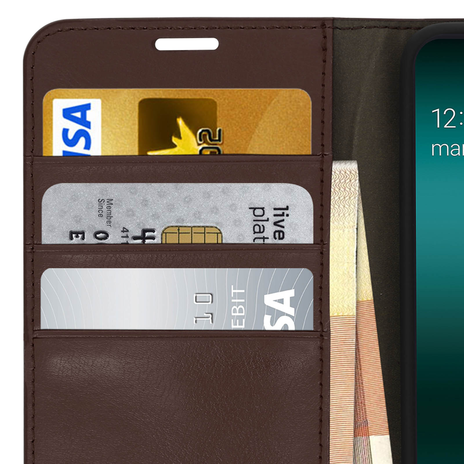 Bruine telefoonhoes met creditcards in sleuven en een telefoon rechts.