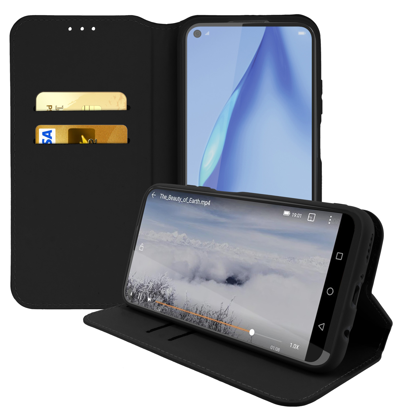 Due telefoni in custodie nere, uno aperto con carte all'interno, l'altro mostra un video.