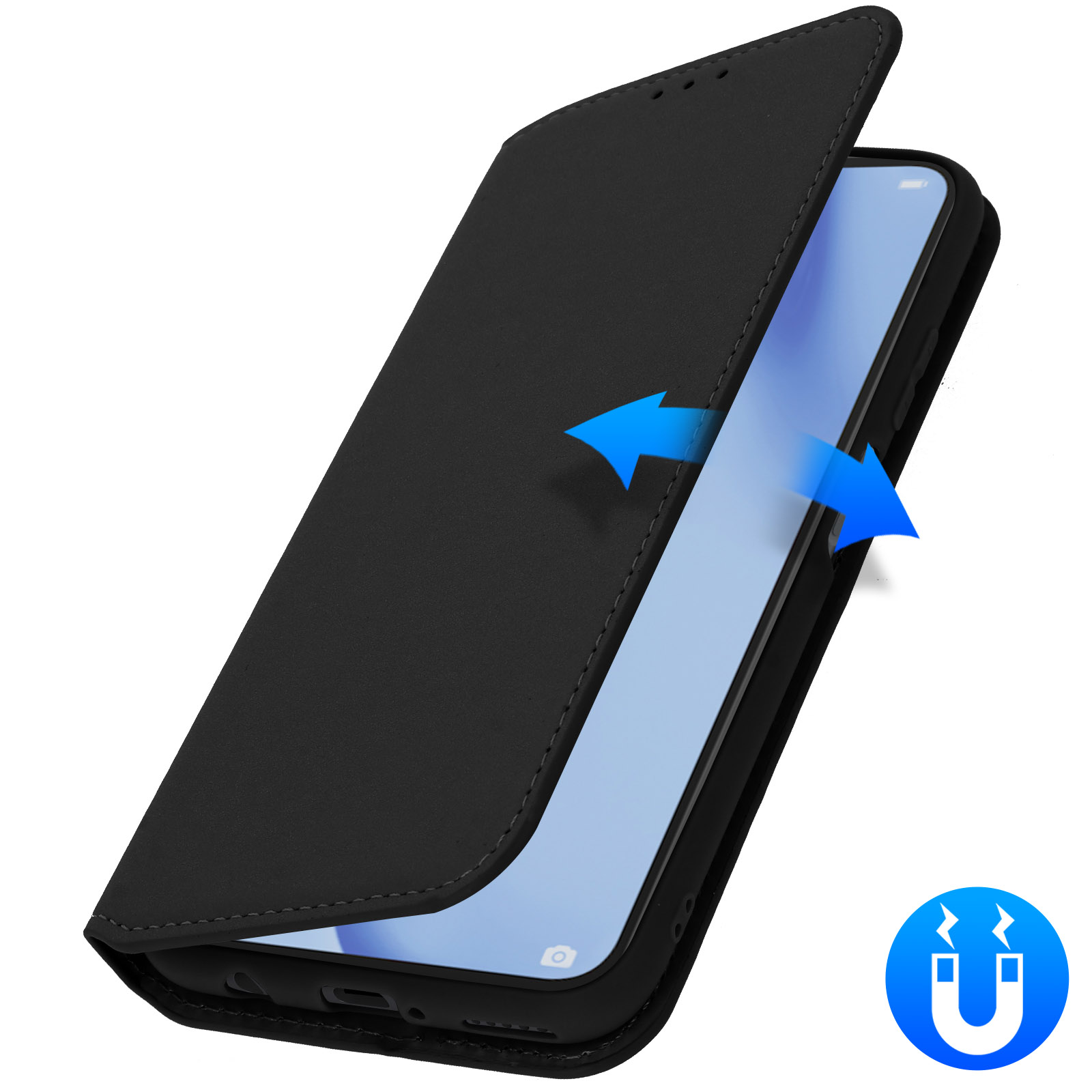 Custodia nera per telefono con chiusura magnetica. Frecce indicano l'apertura. Sfondo: superficie bianca.
