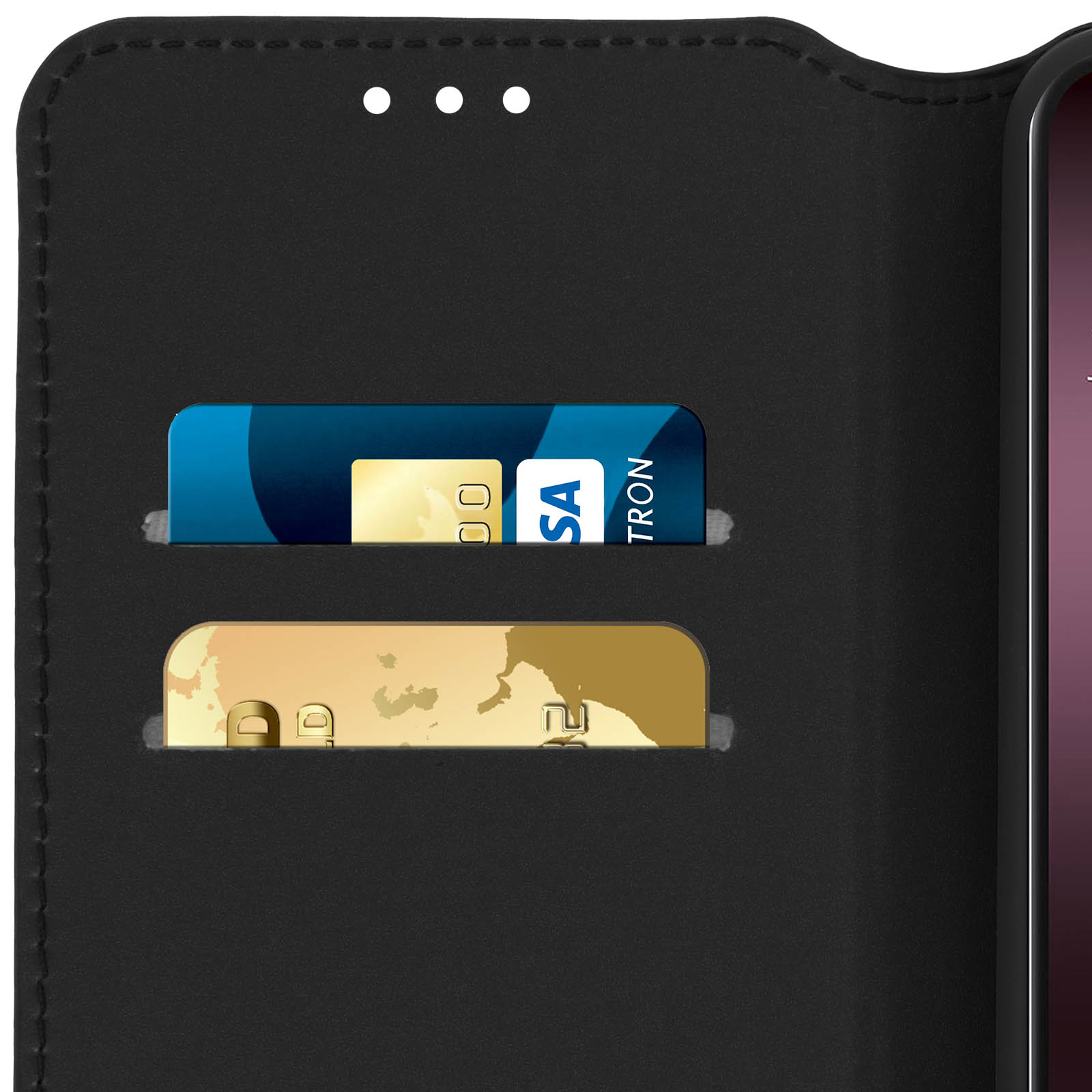 Coque de téléphone avec fentes pour cartes de crédit, cartes visibles.