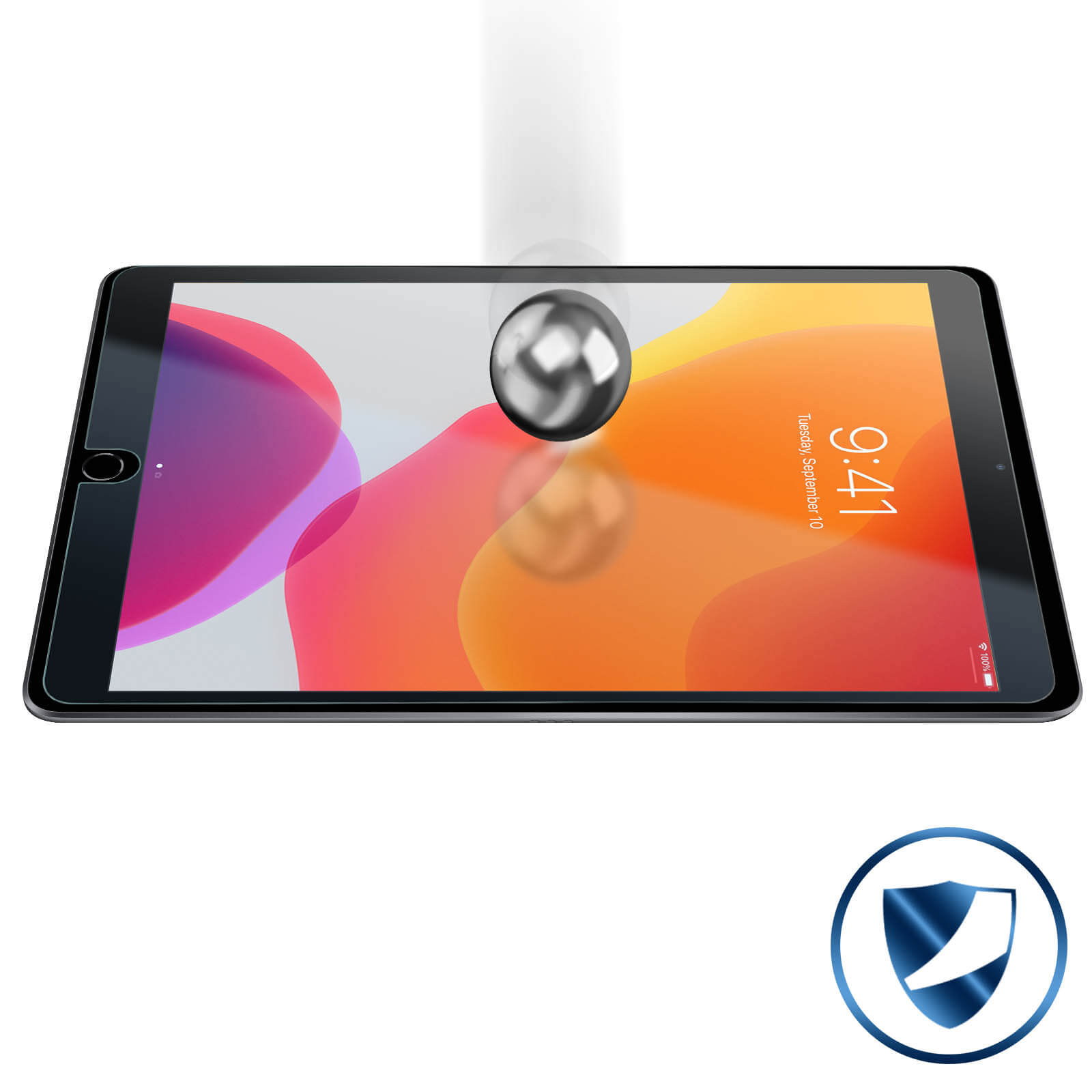 Tablet con protezione schermo. Una palla viene fatta cadere sullo schermo. Logo protezione.