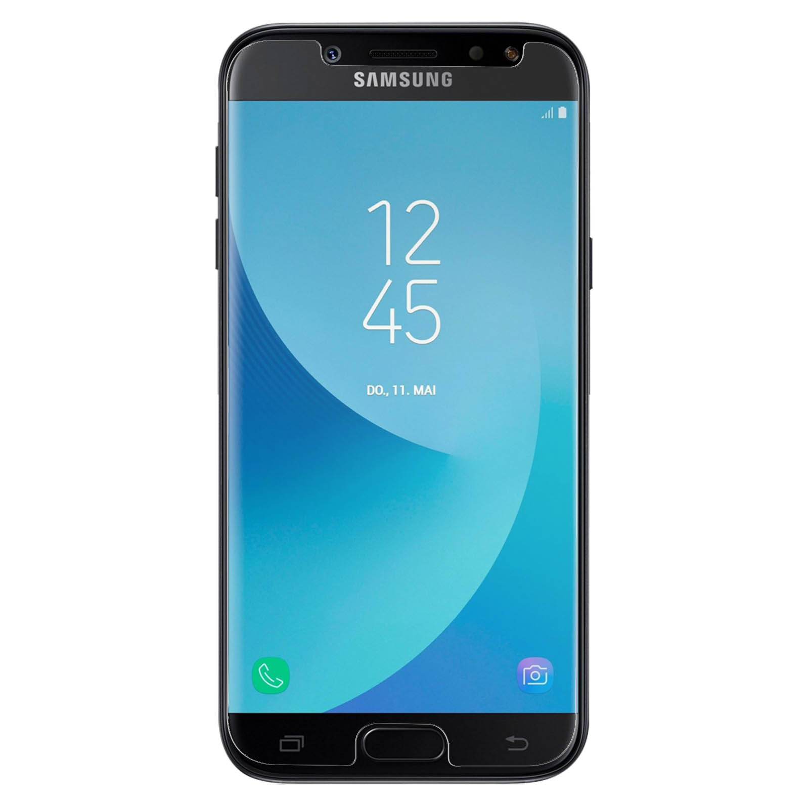 Teléfono Samsung negro. Pantalla muestra hora, fecha e iconos. Fondo blanco.
