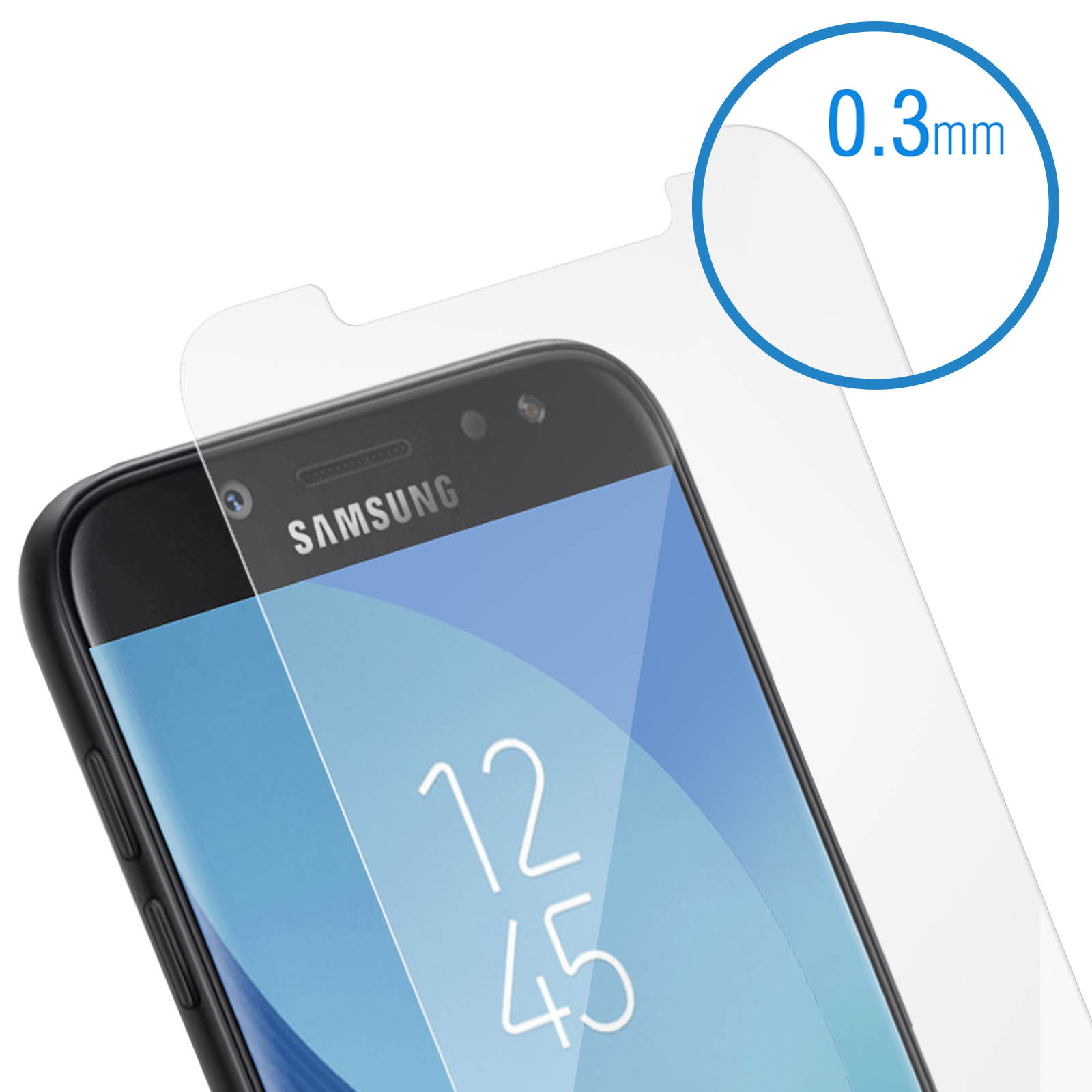 Se muestra un teléfono con protector de pantalla. Tiene el logotipo de Samsung y el protector muestra 0,3 mm.