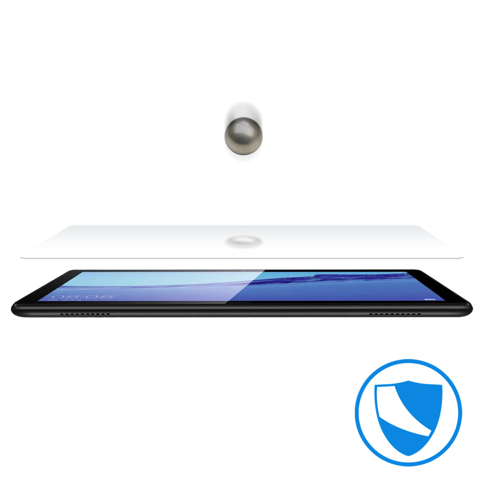 Tabletscherm met beschermlaag. Bol erboven. Schildicoon onder.
