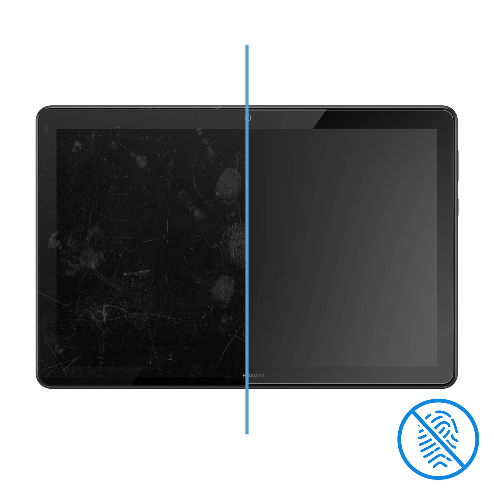 Tablet met de helft van het scherm schoon en de helft met krassen, met een blauwe lijn ertussen.