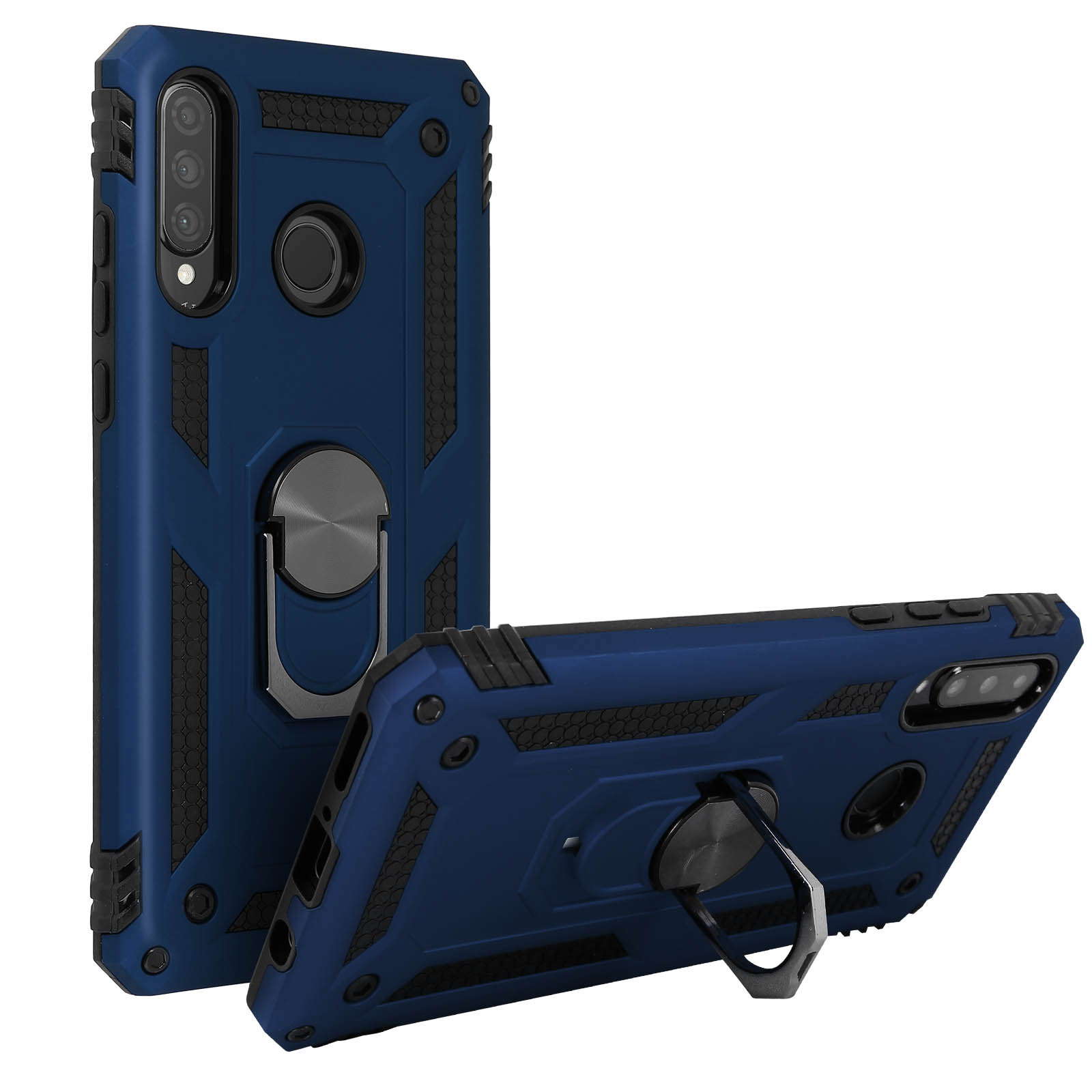 Deux coques de téléphone bleues avec des supports d'anneau.