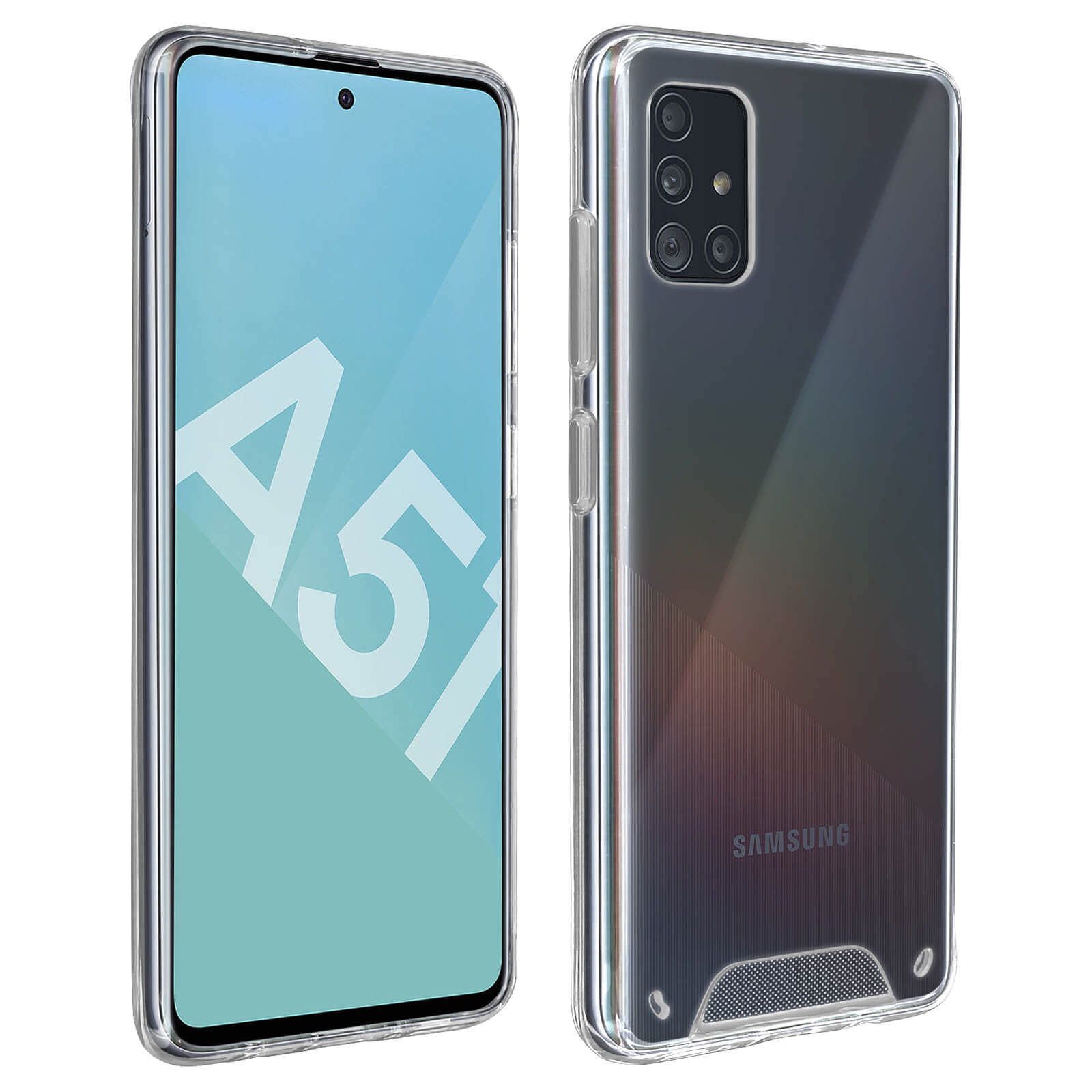Custodia trasparente per telefono Samsung. Il telefono è a sinistra.