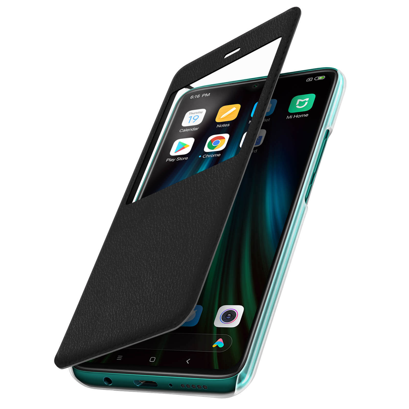 Telefono con retro verde, custodia nera aperta. Lo schermo mostra le icone delle app, tra cui calendario e chrome.