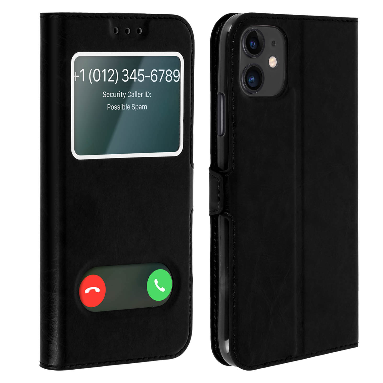 Zwarte telefoonhoes, met oproepscherm met nummer en ID. Rode/groene knoppen zijn zichtbaar.