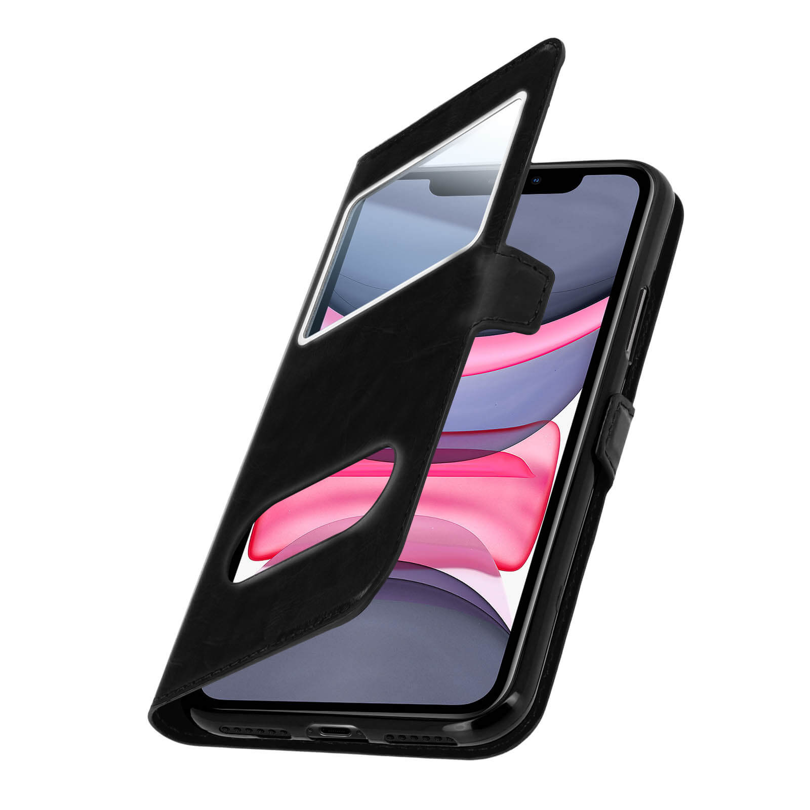Étui de téléphone noir ouvert pour afficher l'écran du téléphone. L'étui est sur une surface blanche.