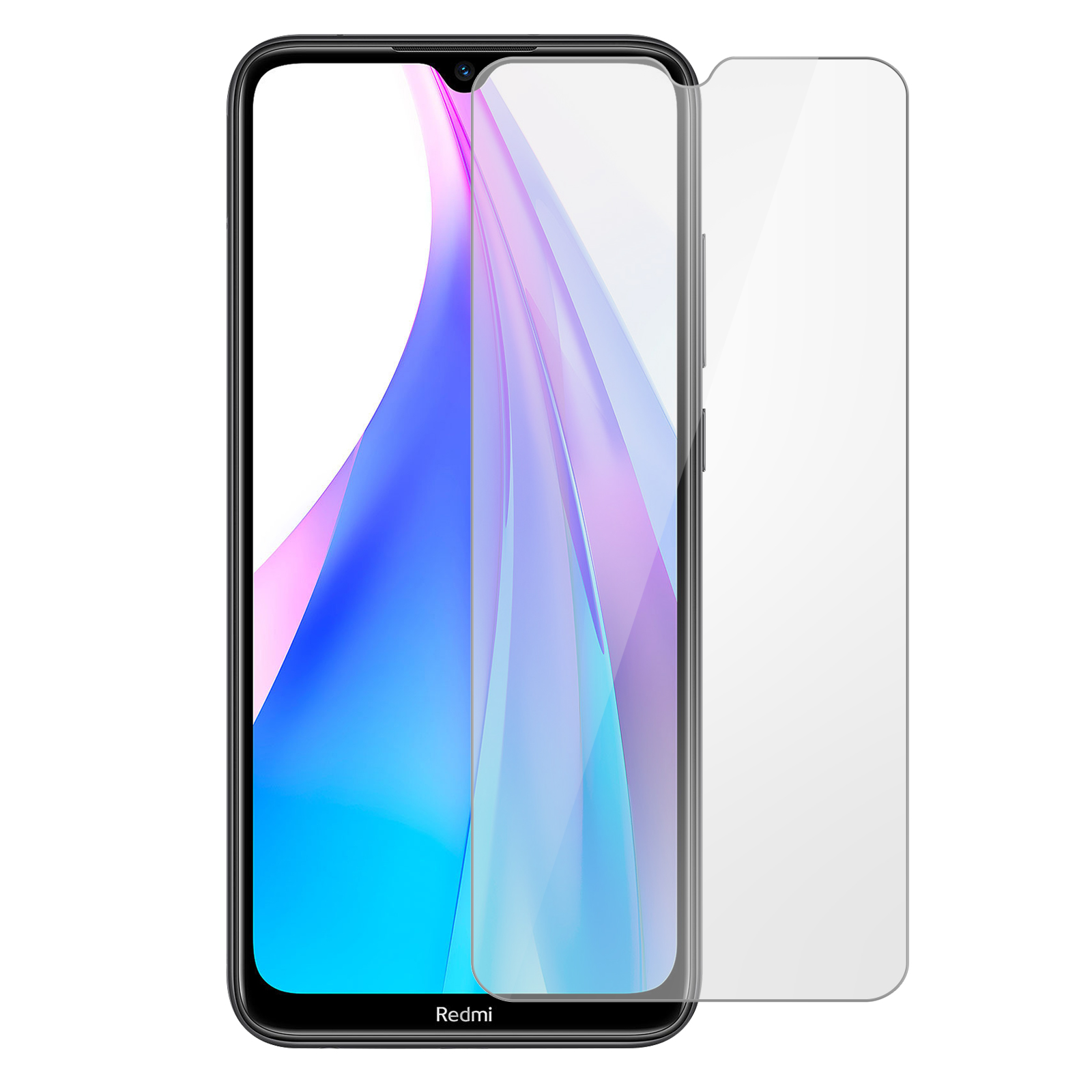 Un telefono nero con protezione schermo. Lo schermo mostra un design astratto colorato.