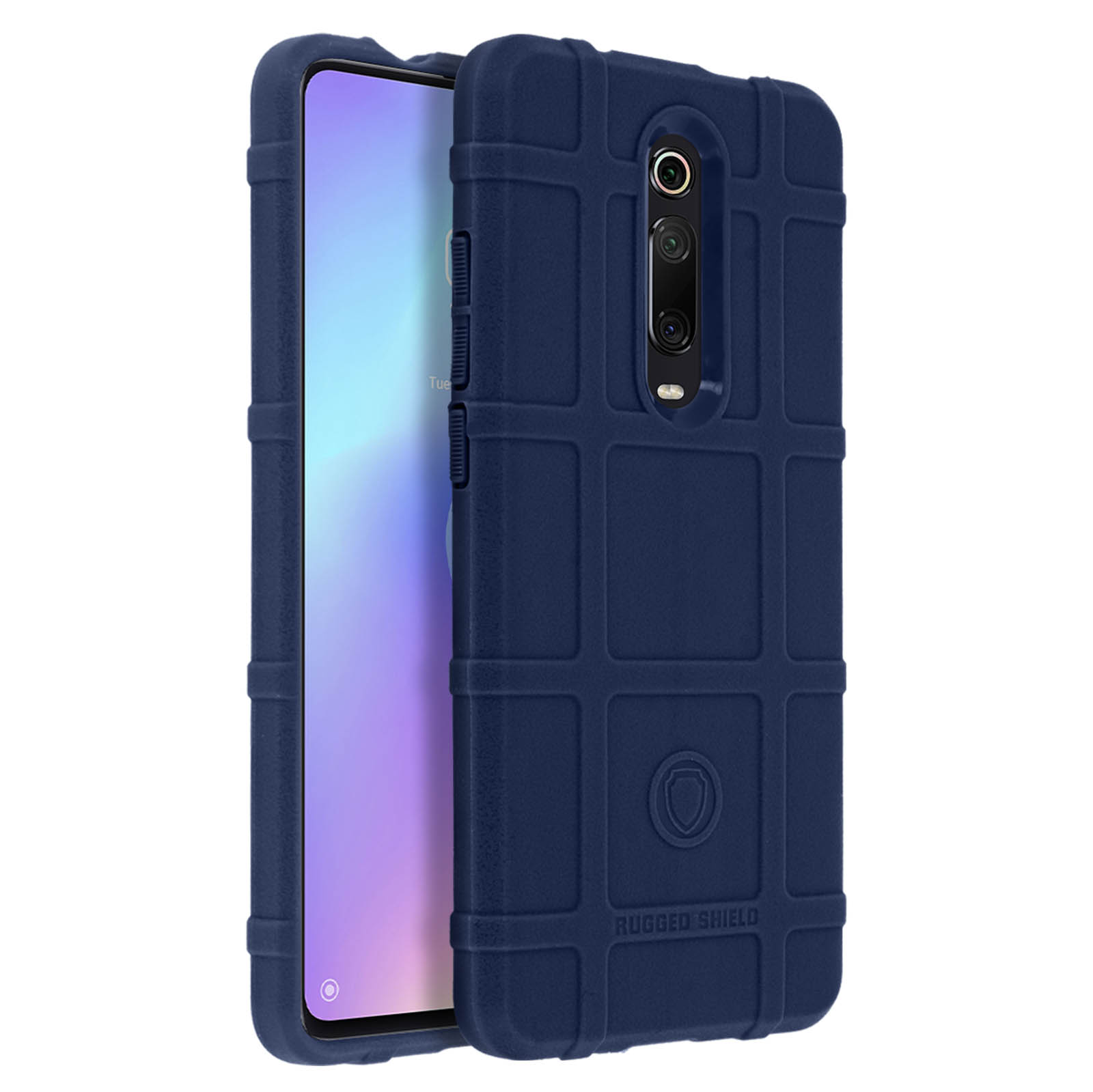 Telefono blu scuro in una custodia robusta. La custodia ha un motivo a griglia e la scritta Rugged Shield.