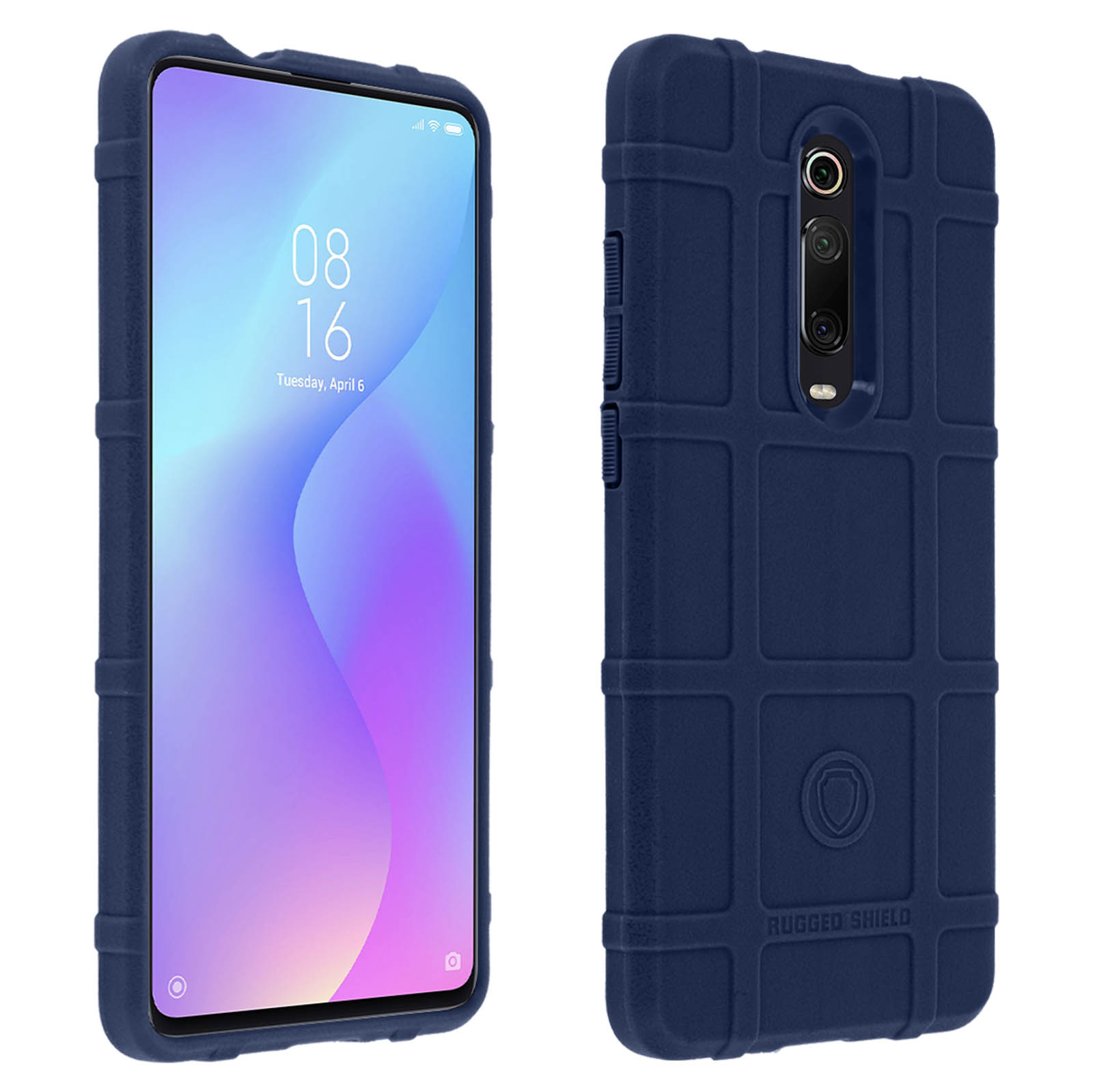 Una custodia per telefono blu robusta con un telefono all'interno è su una superficie bianca.