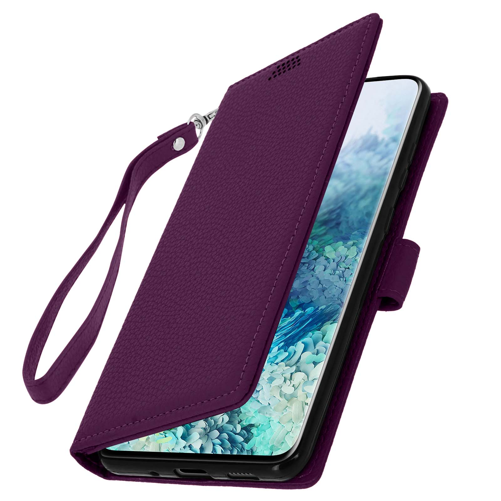 Custodia viola aperta, che mostra il telefono all'interno e un cinturino. Dettagli cuciture bianche visibili.