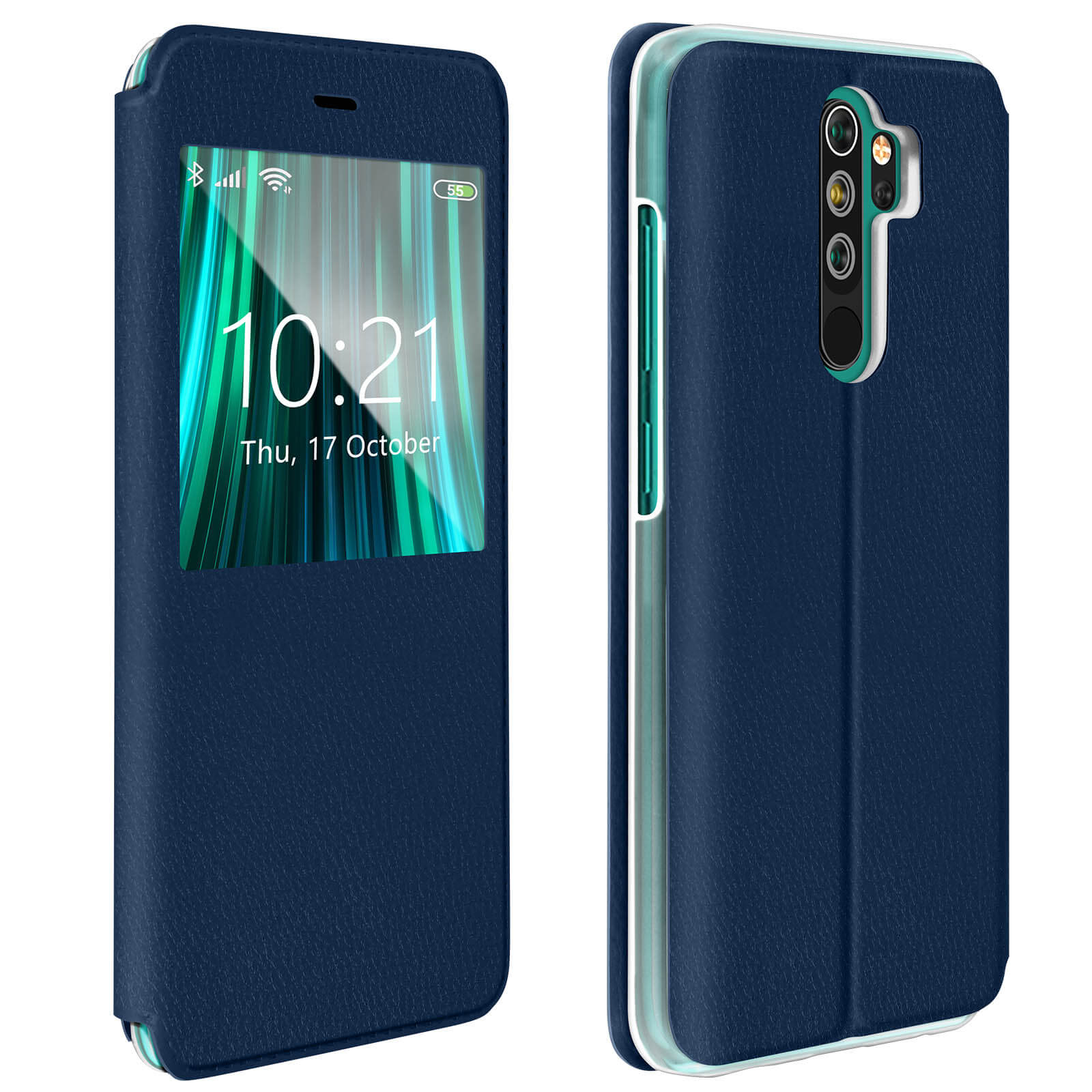 Custodia per telefono blu navy aperta, che mostra lo schermo del telefono con l'ora e la data.