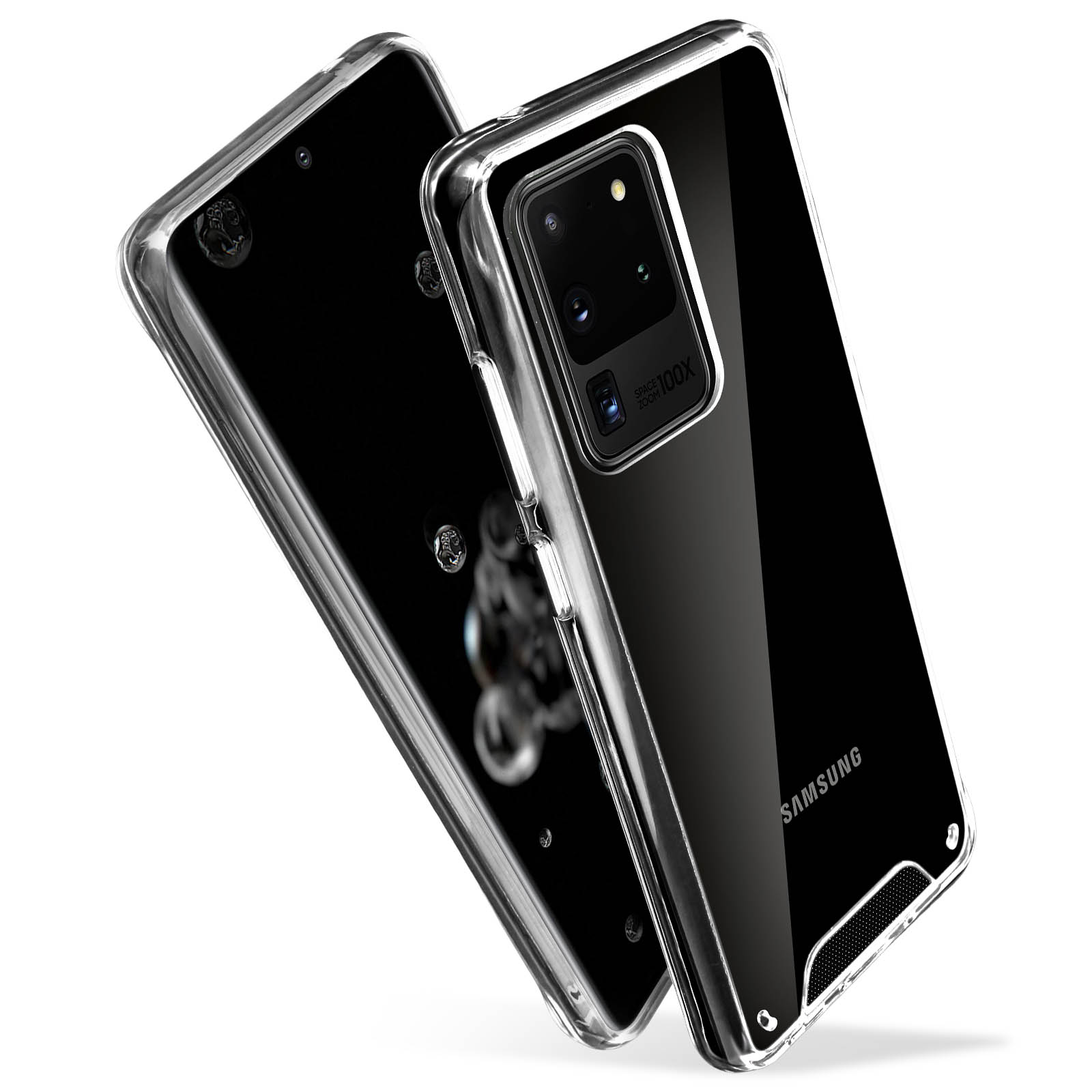Due custodie trasparenti per telefono. Una sopra l'altra. Una ha lo schermo nero.