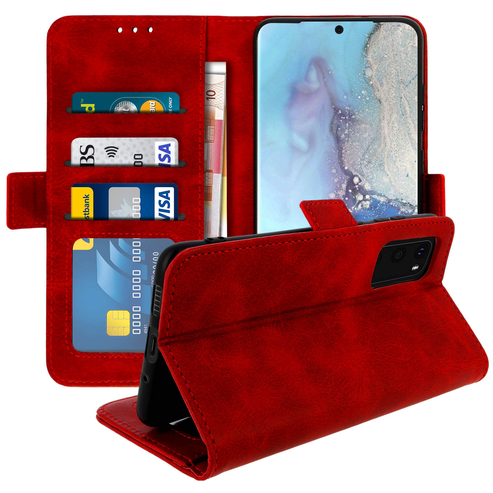 Custodia rossa per telefono aperta, che rivela un telefono. Carte e contanti sono all'interno della custodia.