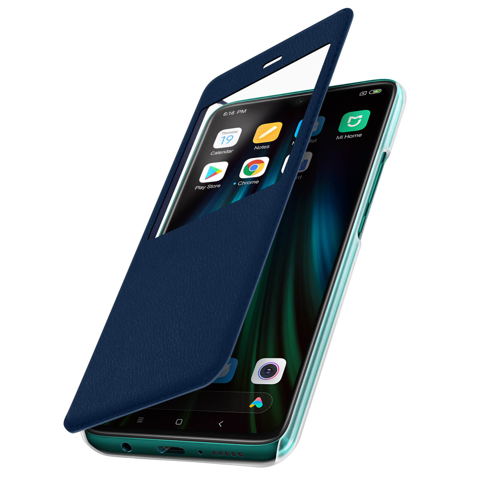 Un telefono con custodia aperta blu scuro che mostra lo schermo con icone di app.