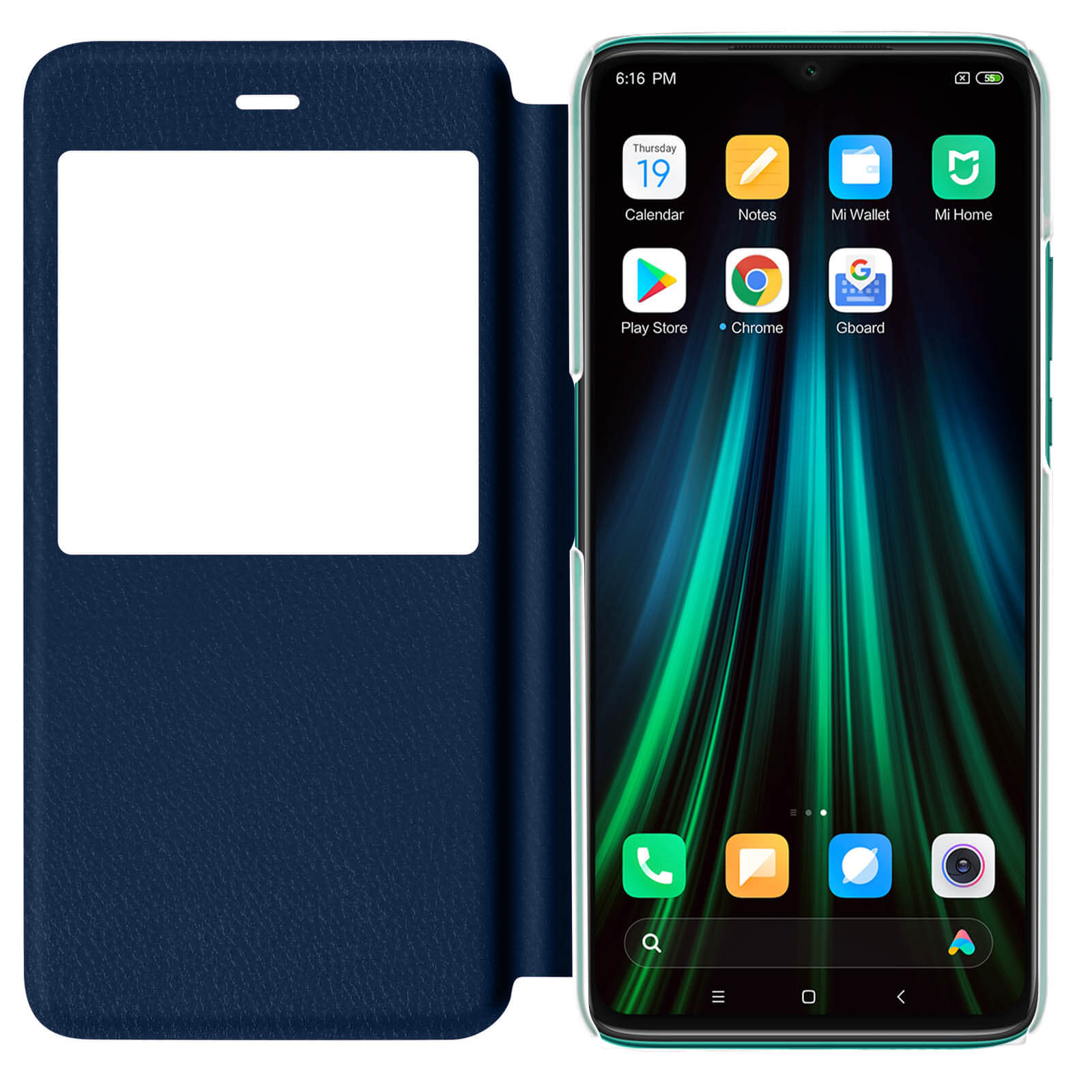 Telefono con icone app, in custodia blu aperta. Sfondo è una stanza.