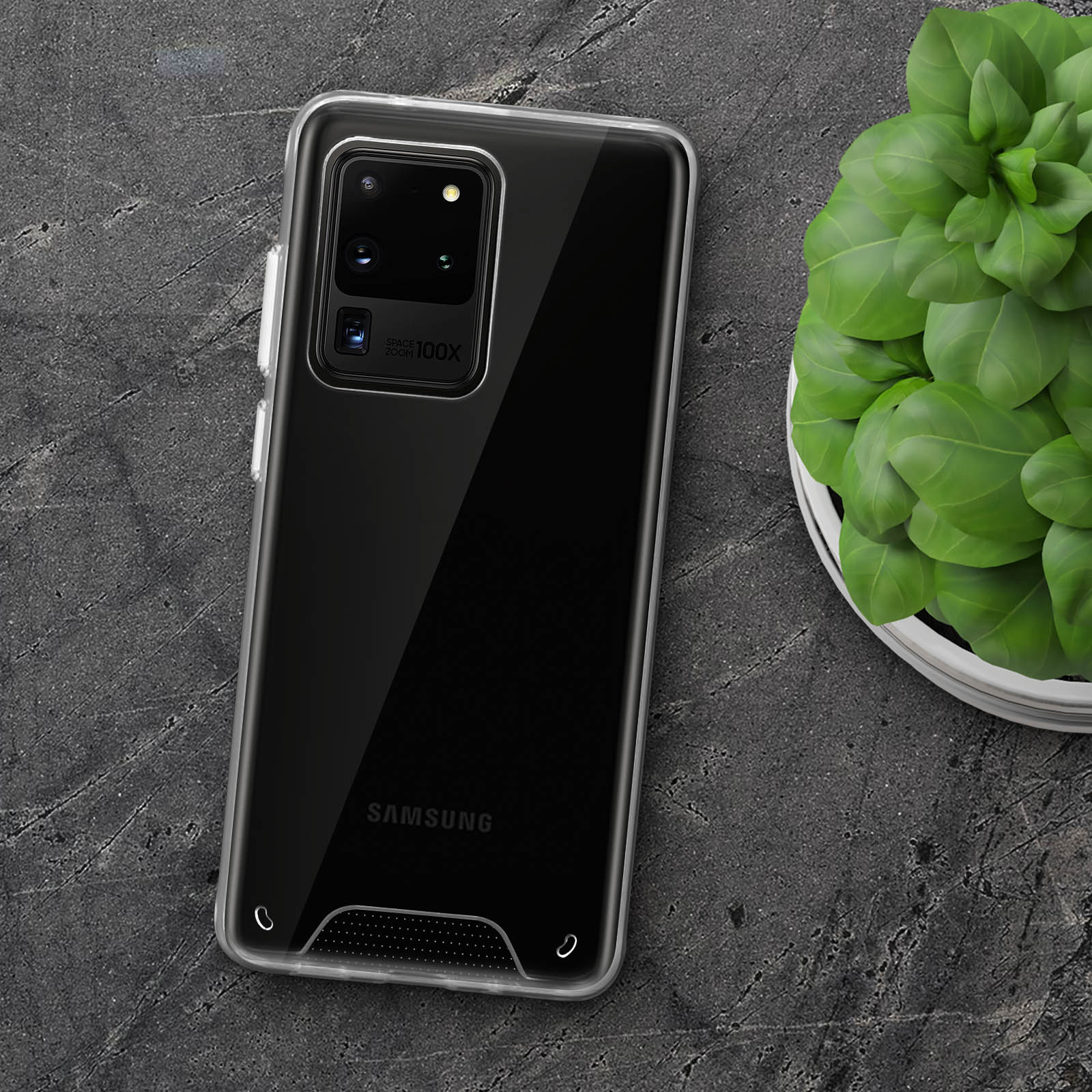 Una custodia trasparente su un telefono nero, con una pianta sullo sfondo su una superficie grigia.
