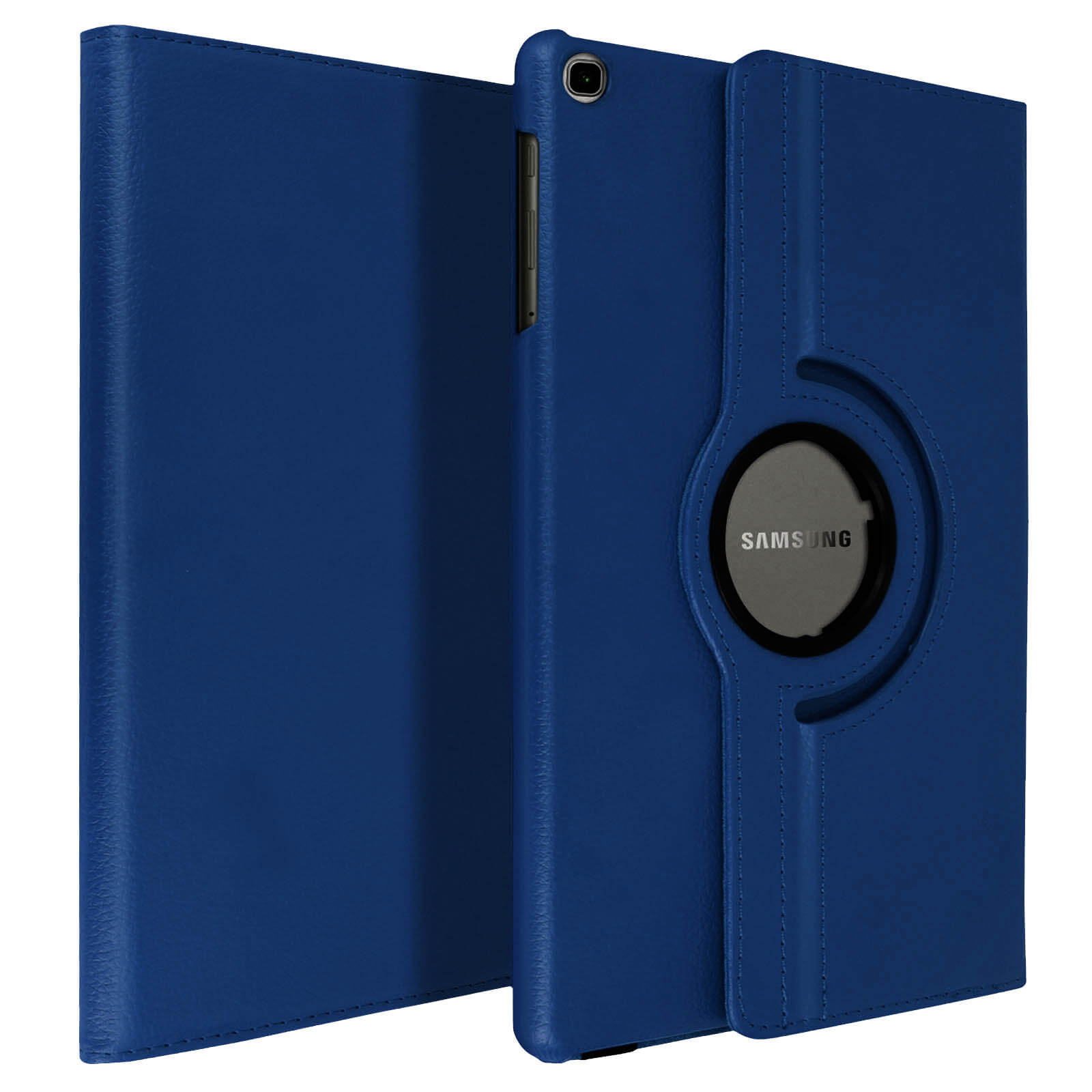 Custodia blu per tablet. Ha un supporto rotante con il logo SAMSUNG. La custodia è chiusa.