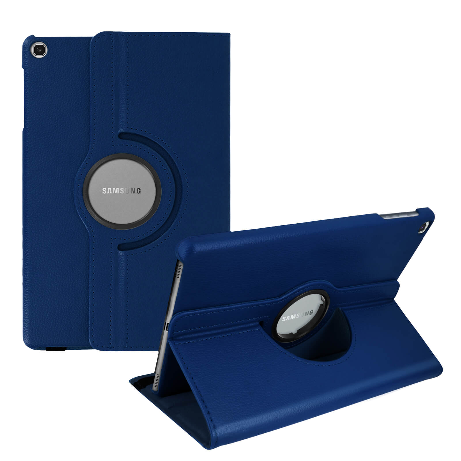 Custodia blu per tablet in due viste. La custodia ha un meccanismo rotante.