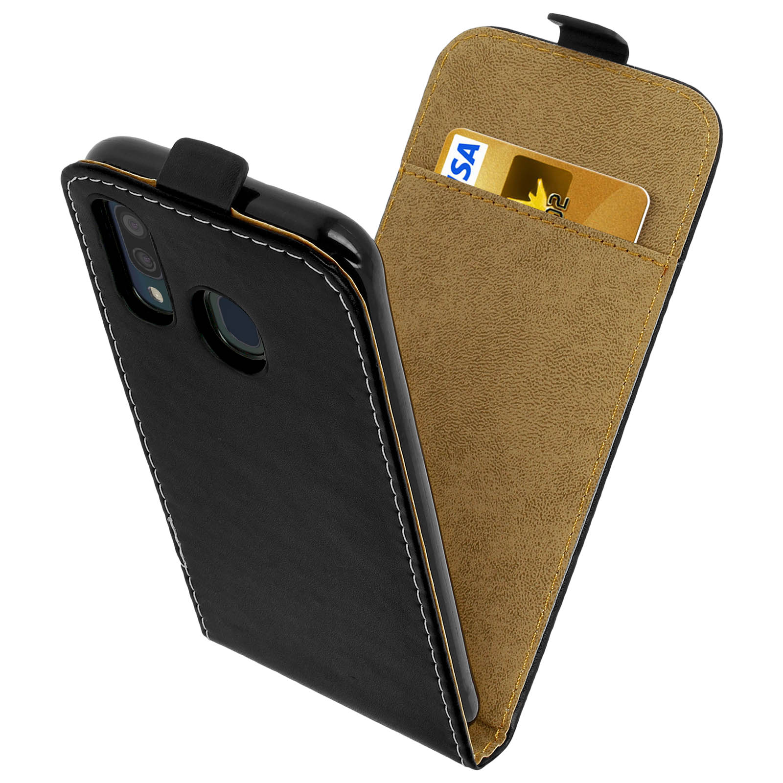 Custodia nera per telefono, aperta, con carta. Interno con fessura e carta oro. Bianco.