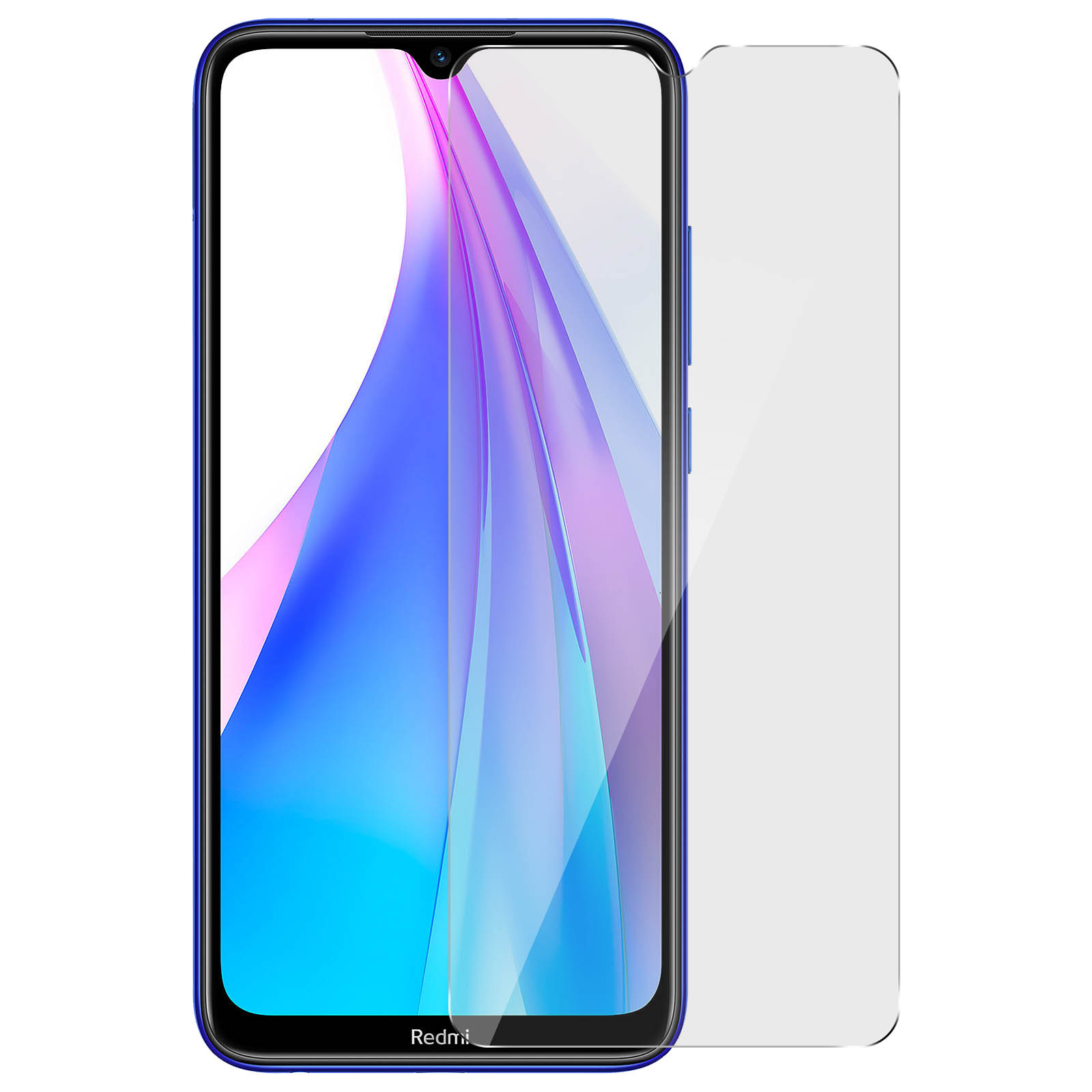 Telefono blu con protezione schermo. Lo schermo mostra un design colorato. Sfondo bianco.