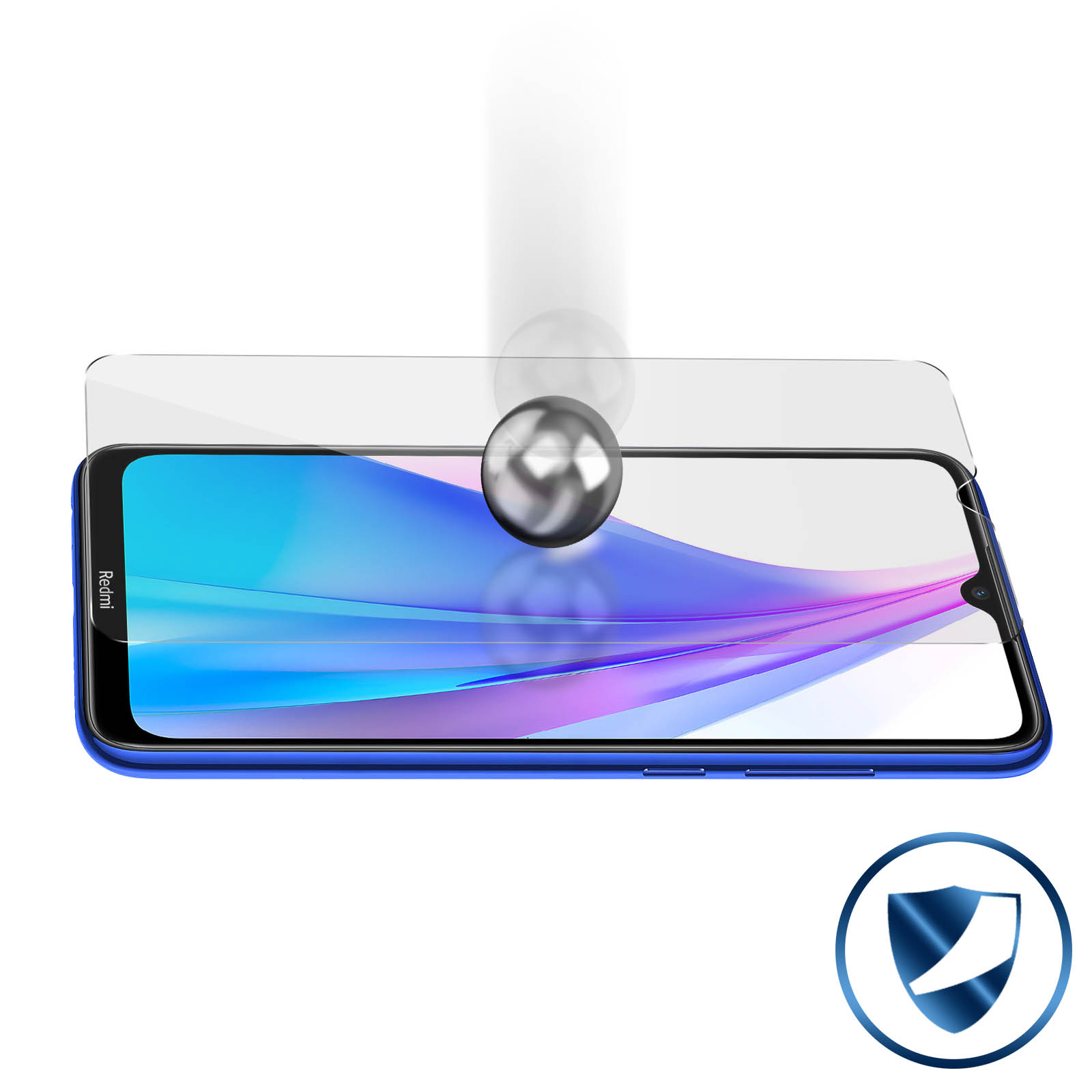 Telefono con protezione schermo. Palla colpisce lo schermo. Telefono blu, sfondo bianco.