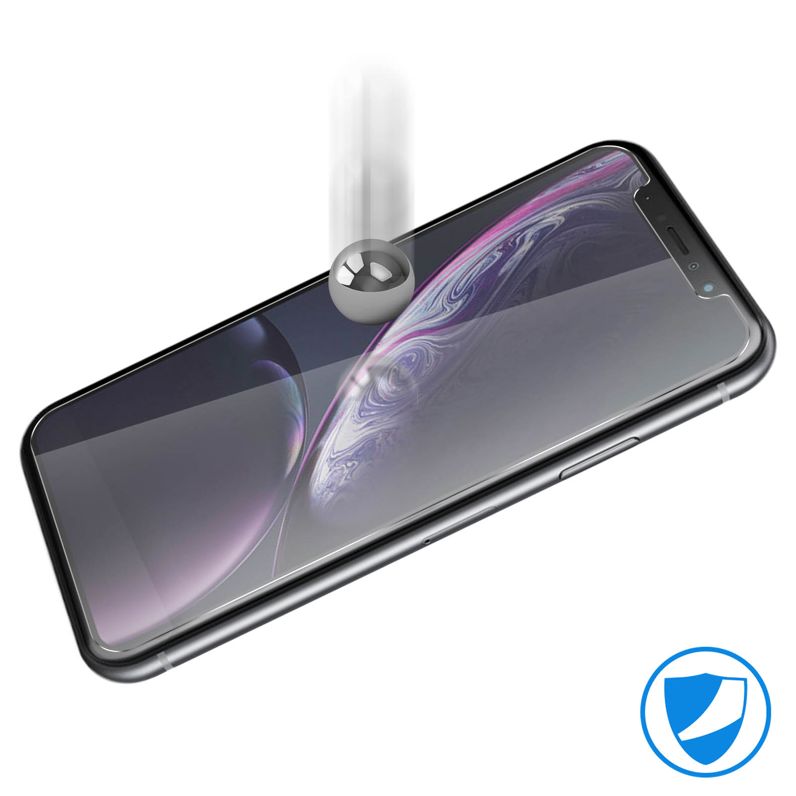 Un telefono con una protezione per lo schermo. Una palla di metallo sta cadendo verso lo schermo.