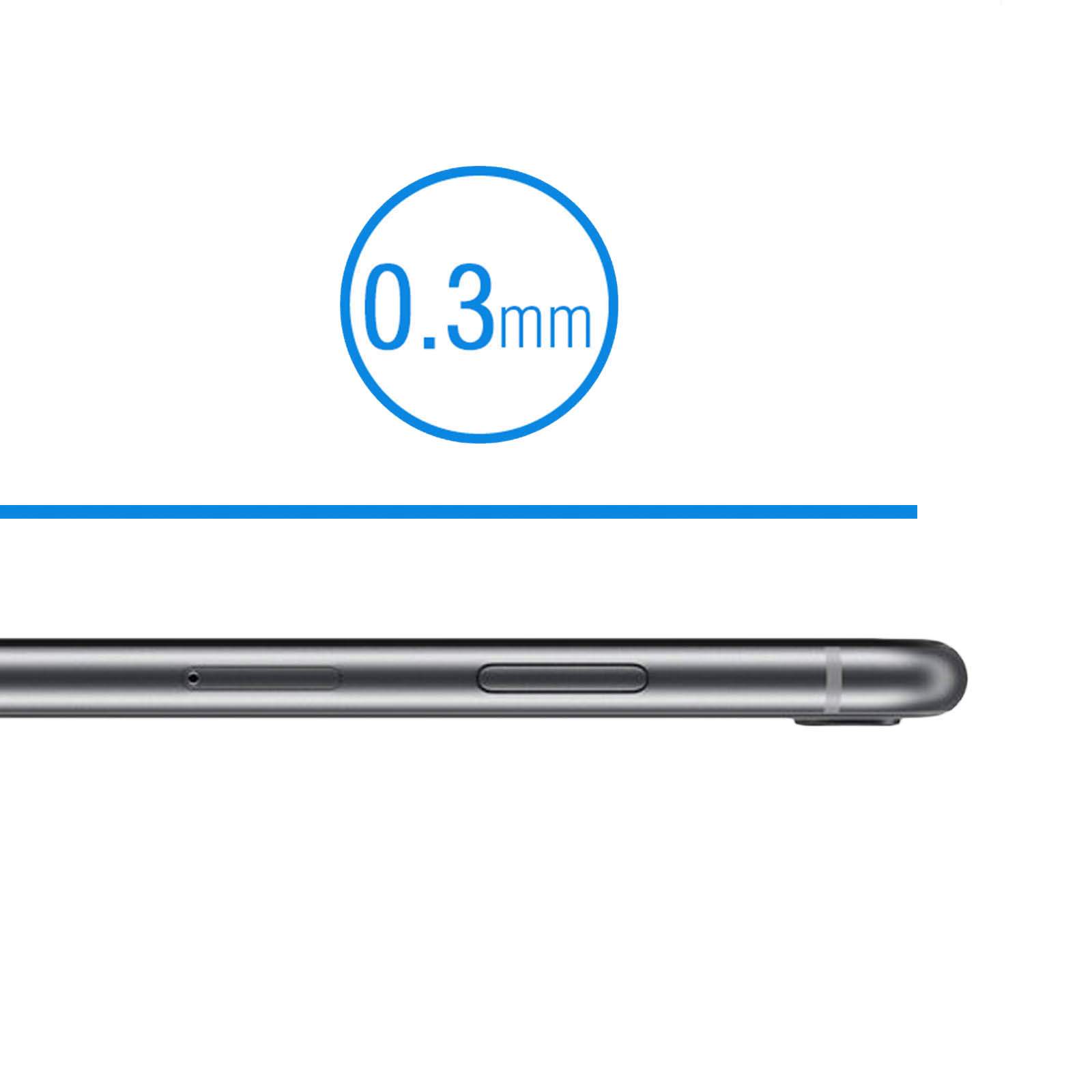 Vista laterale di un telefono, una linea blu e testo (0,3 mm) sopra. Sfondo bianco.