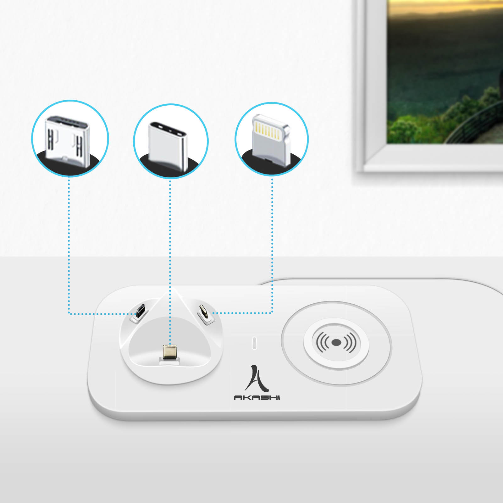 Cargador inalámbrico blanco con tres tipos de conector. Una imagen cuelga en la pared.