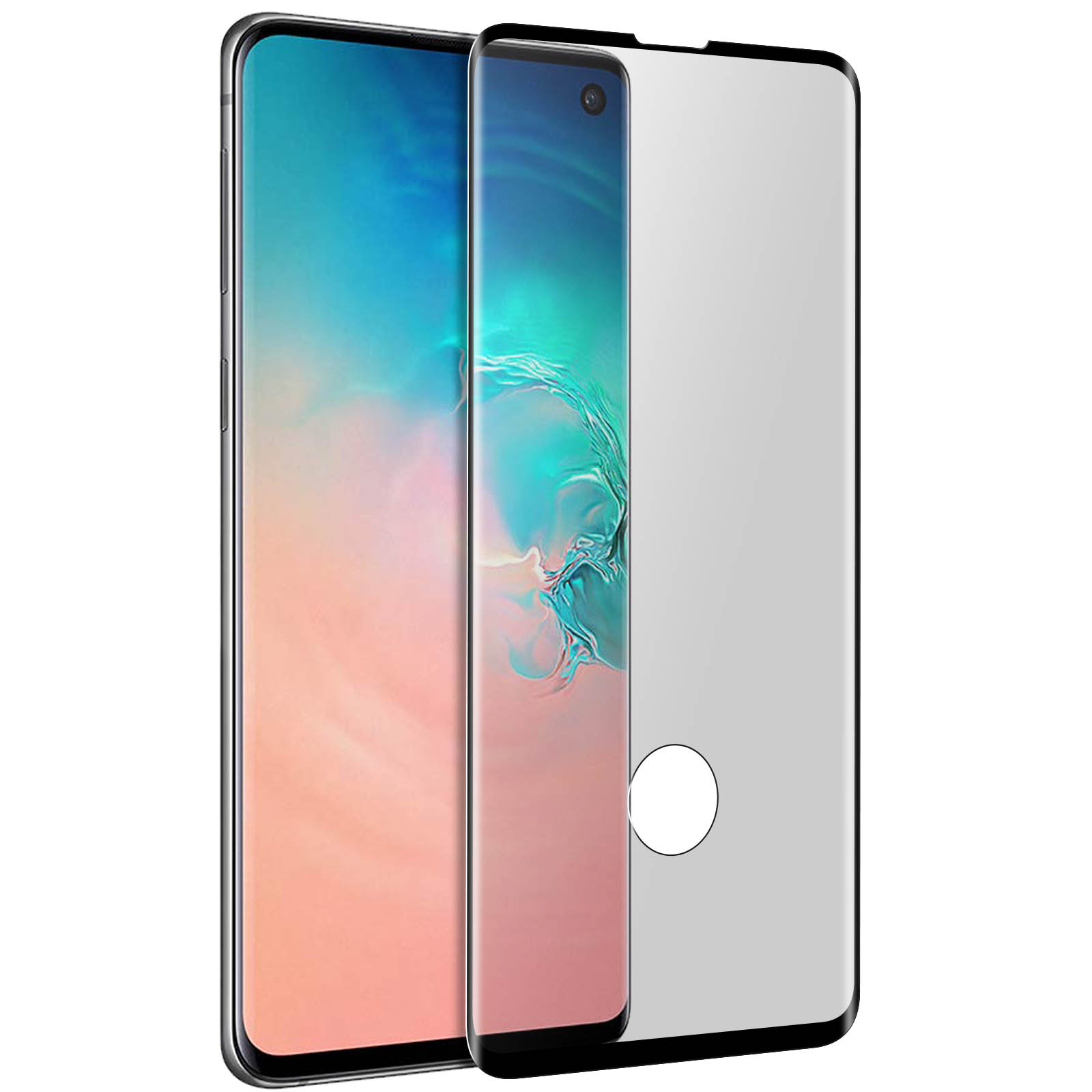 Smartphone con protezione schermo. Lo schermo è azzurro e bianco con un cerchio in basso.