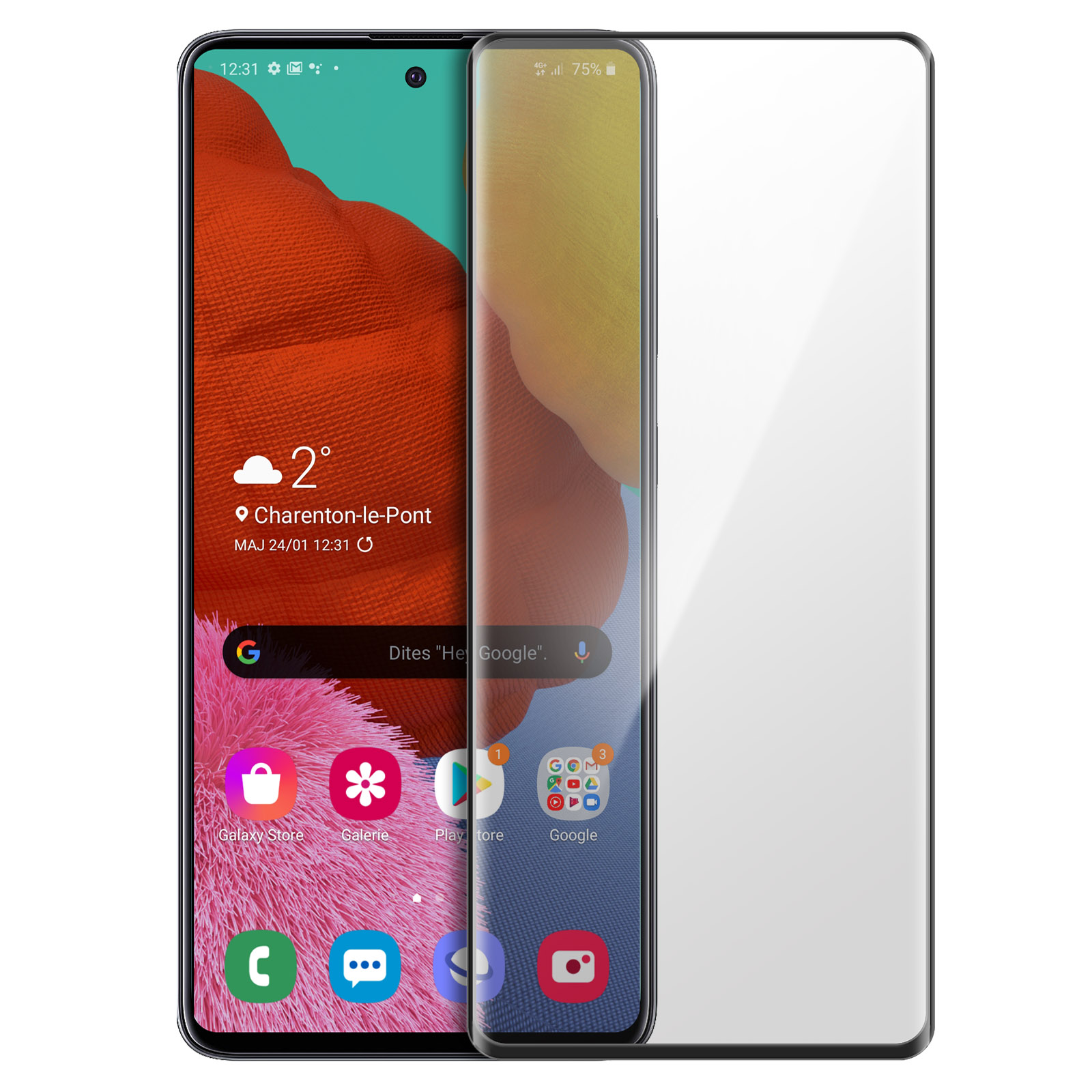 Uno smartphone con protezione schermo. Mostra meteo, icone app e ora. La protezione è a destra.