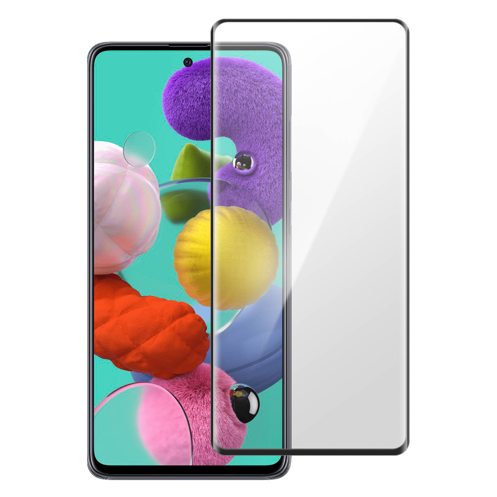 Smartphone met schermbeschermer. Het scherm toont kleurrijke vormen. Witte achtergrond.