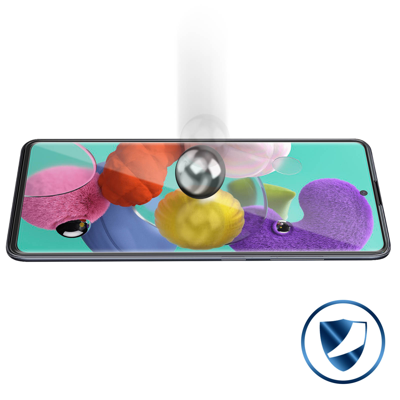 Smartphone met kleurrijke abstracte kunst en een beschermend schildpictogram eronder op witte achtergrond.