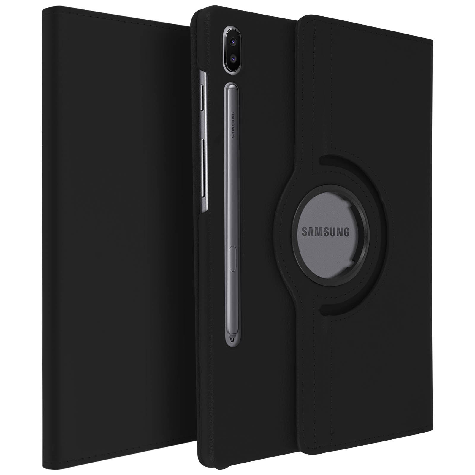 Custodia per tablet nera. Mostra il tablet e la penna, la custodia è aperta.