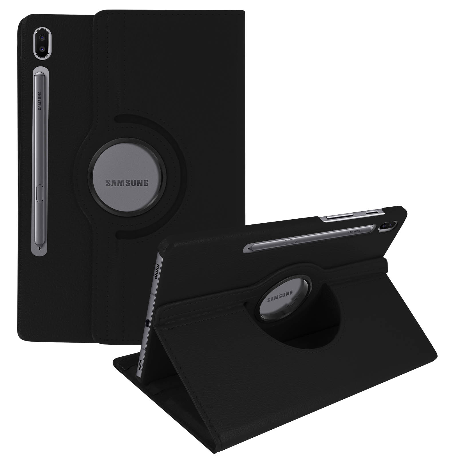 Custodia per tablet nera aperta. Tablet nella custodia. Logo Samsung. Sfondo nero.