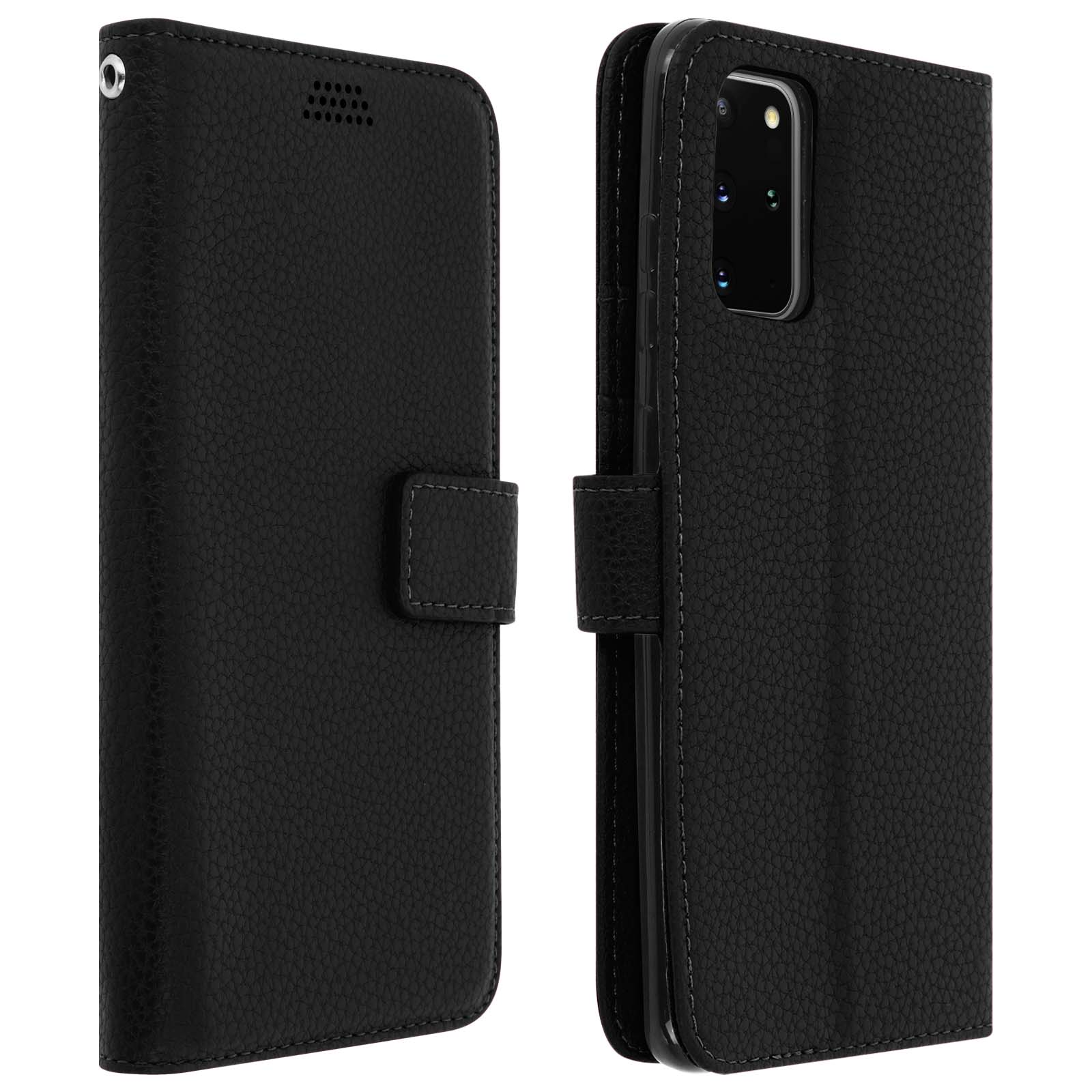 Custodia per telefono in pelle nera aperta e chiusa. Presenta chiusura a bottone.