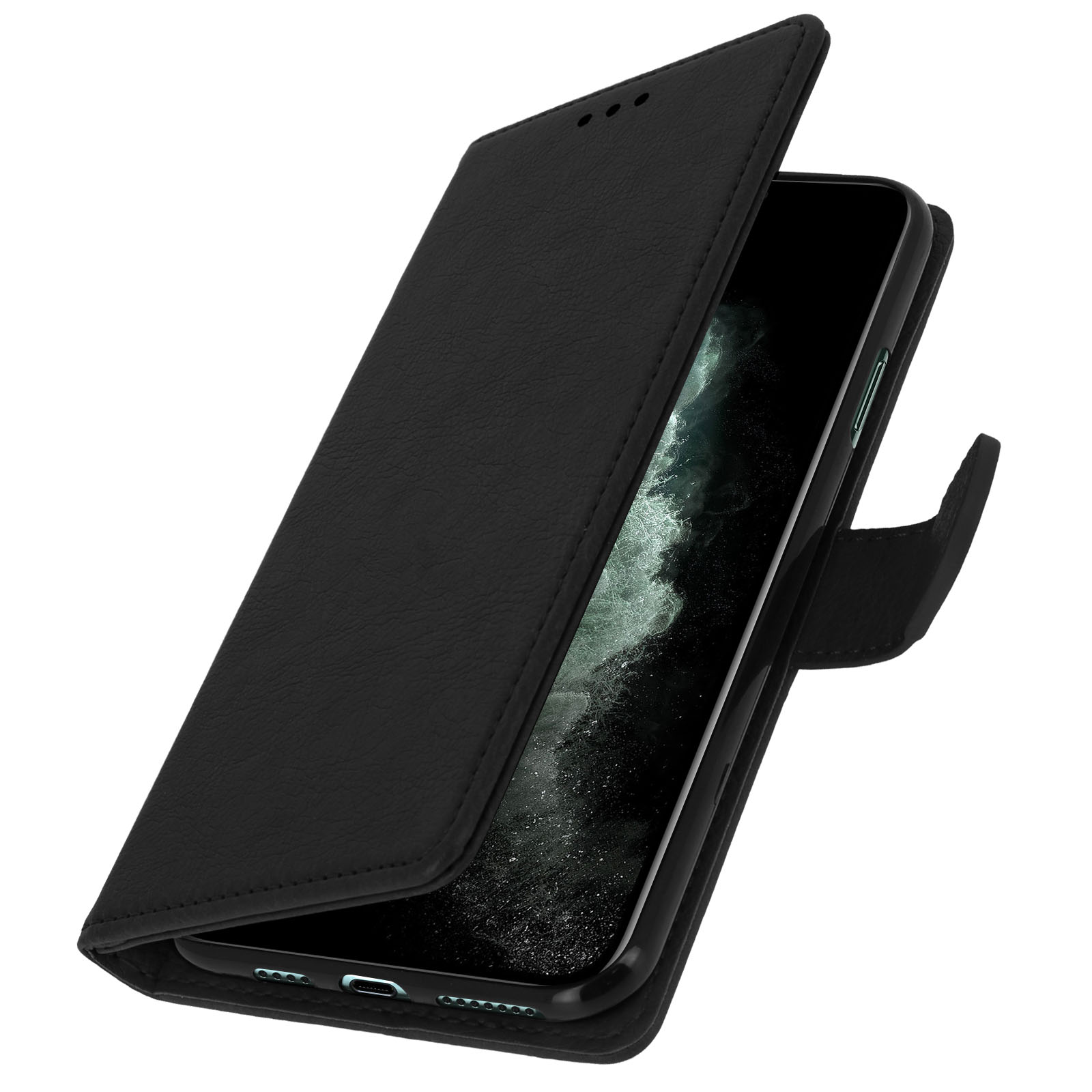 Un étui de téléphone noir est ouvert, révélant un téléphone. Le téléphone est noir.