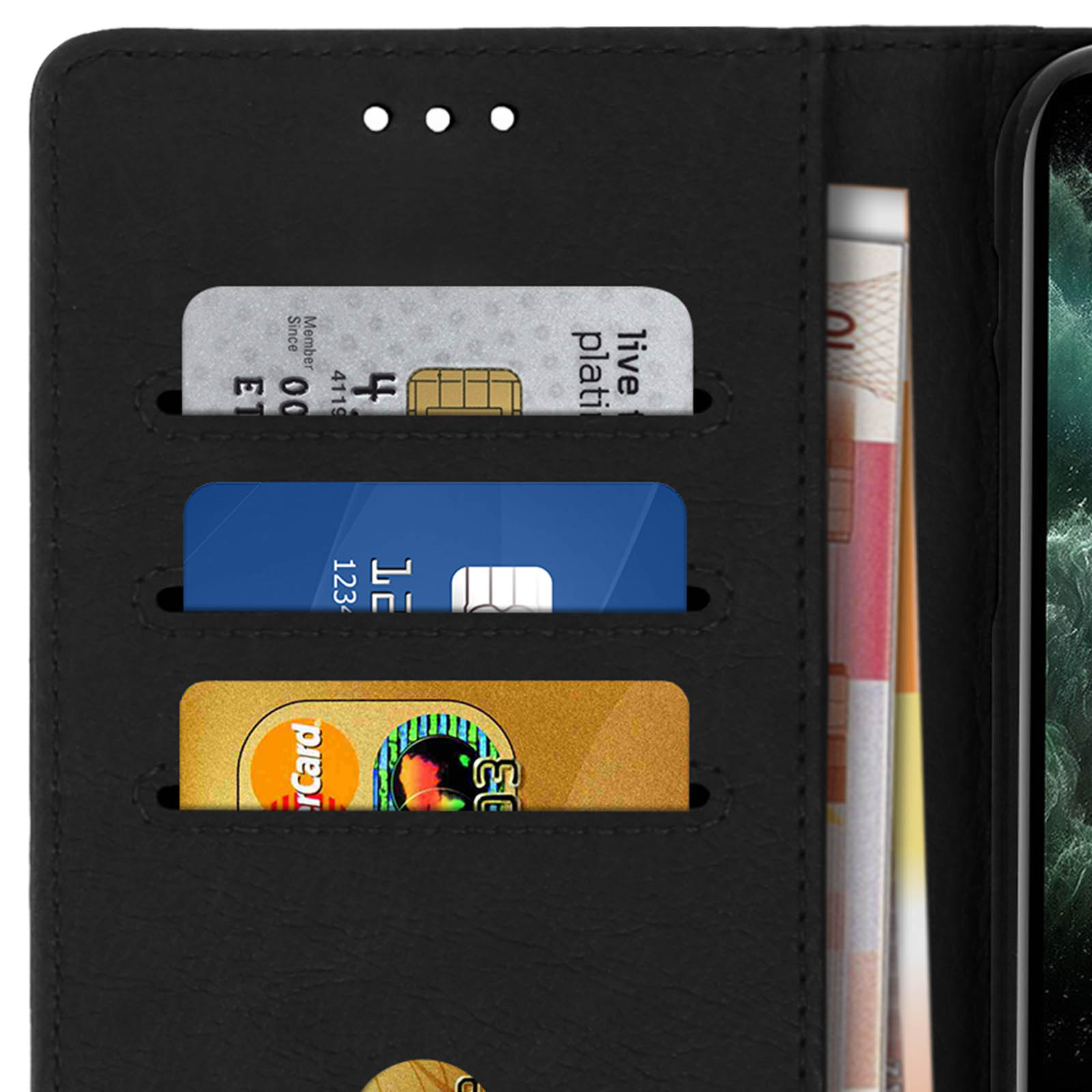 Étui portefeuille avec cartes de crédit à l'intérieur. Fentes pour les cartes. Cuir noir.