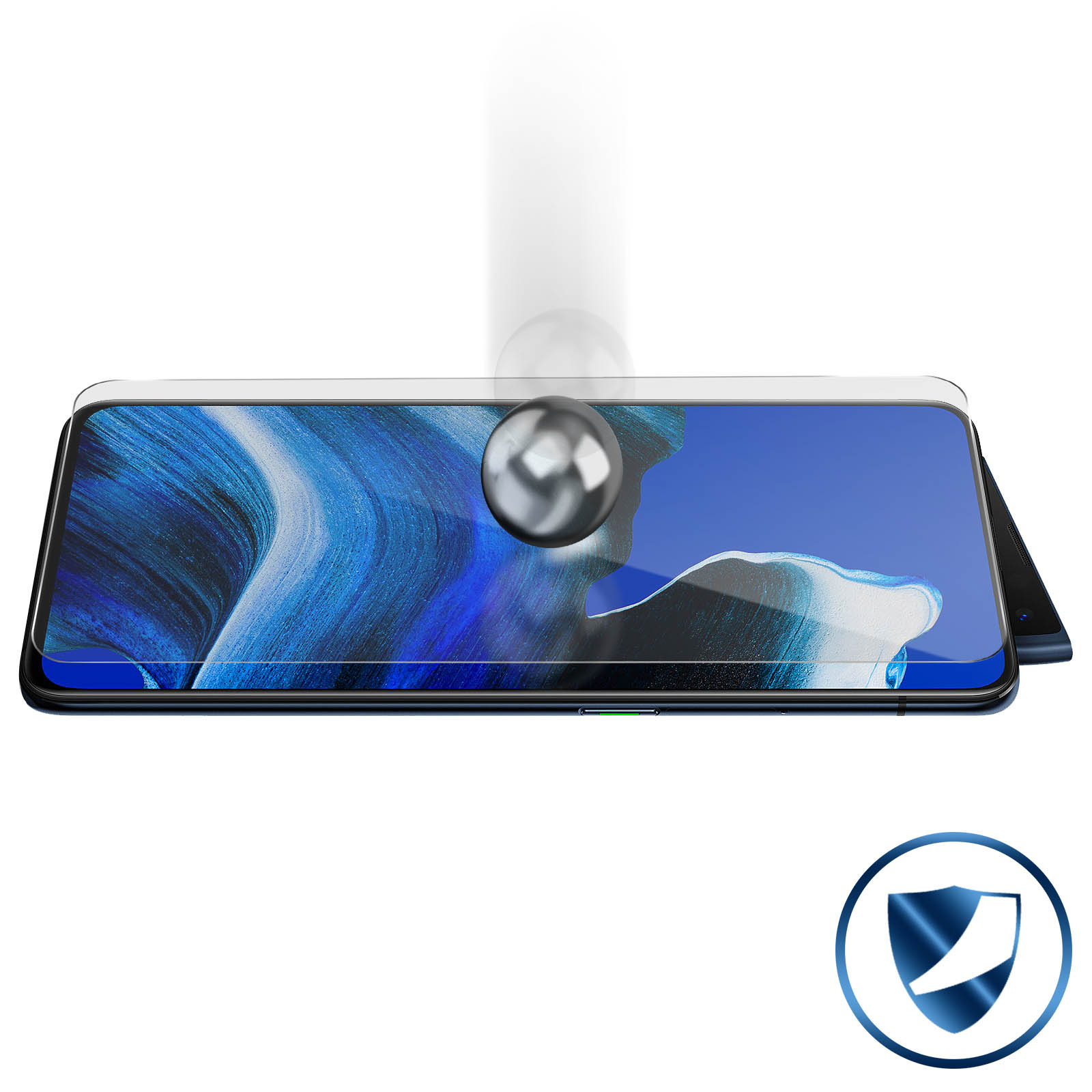 Un telefono con protezione schermo. Una palla sta cadendo verso il telefono.