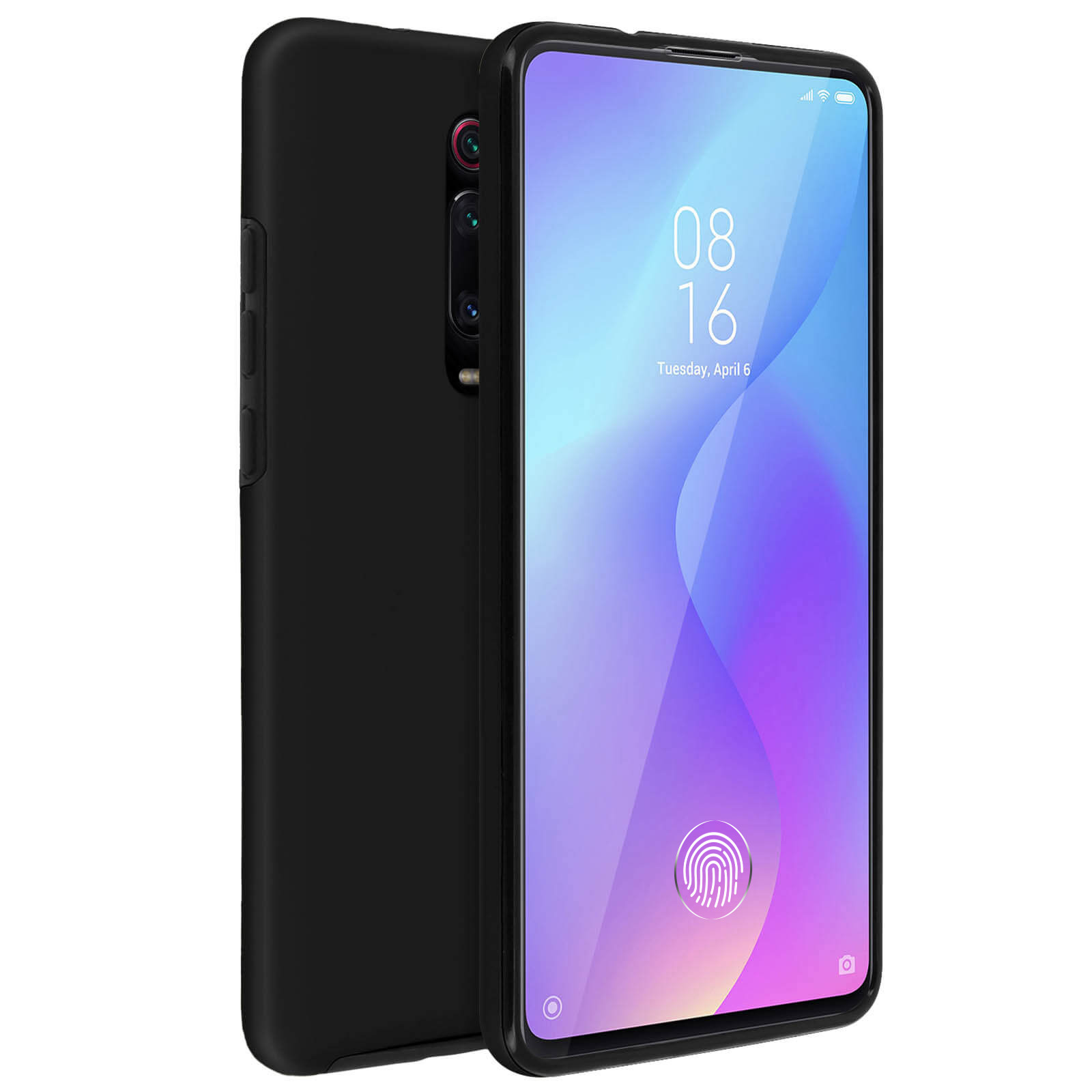 Uno smartphone nero in una custodia nera, che mostra l'ora e la data. La parte posteriore e laterale del telefono sono visibili.