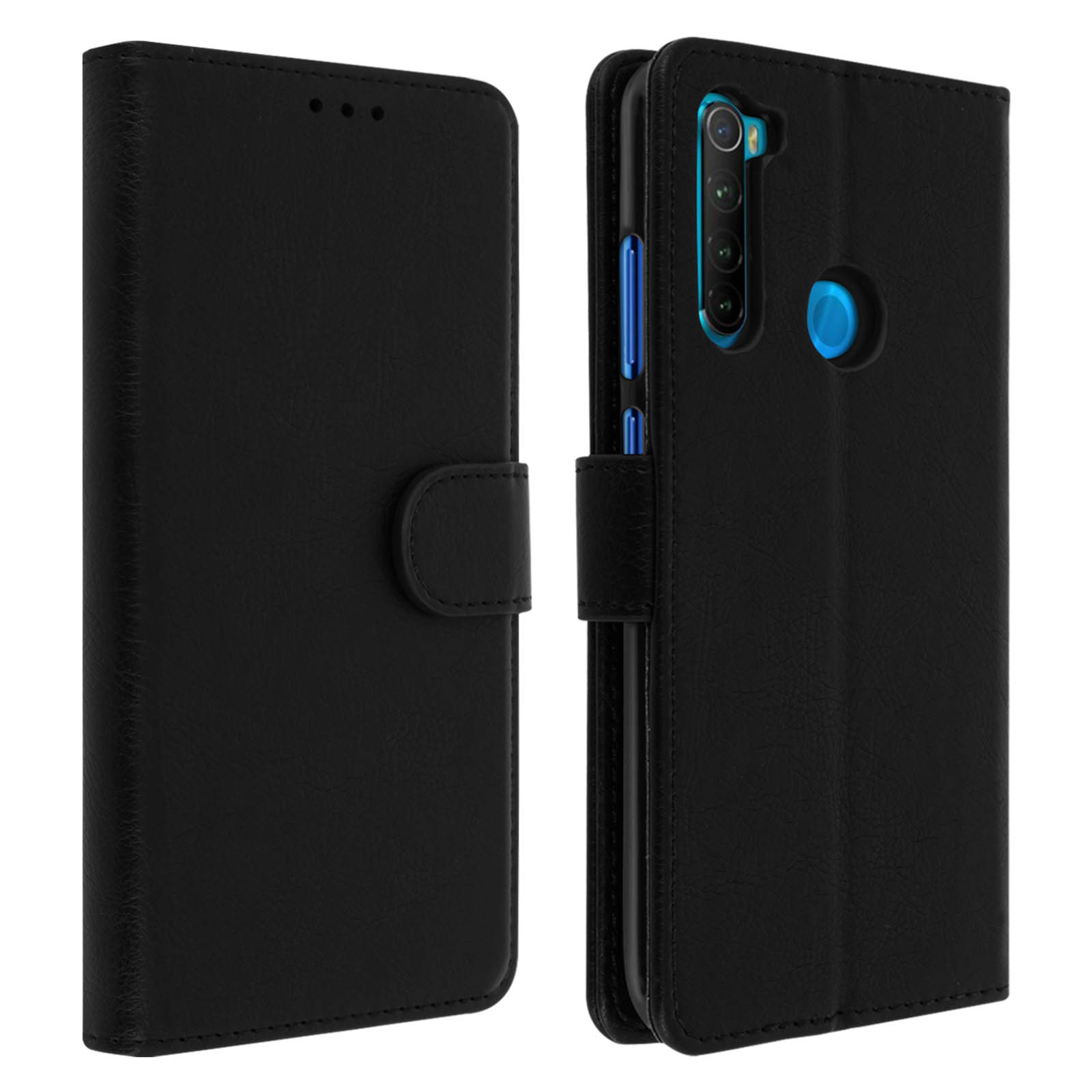 Deux coques de téléphone noires, une ouverte montrant un téléphone. La coque ouverte a une fermeture à bouton.